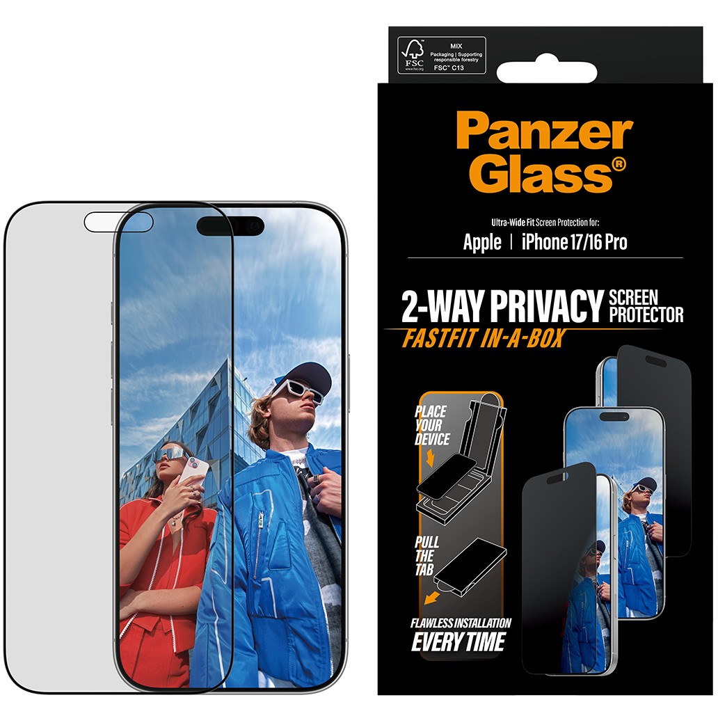 PanzerGlass ® 2-Way Privacy Screen Protector iPhone 17 | iPhone 16 Pro | Ultra-Wide Fit w. Fastfit in-a-box