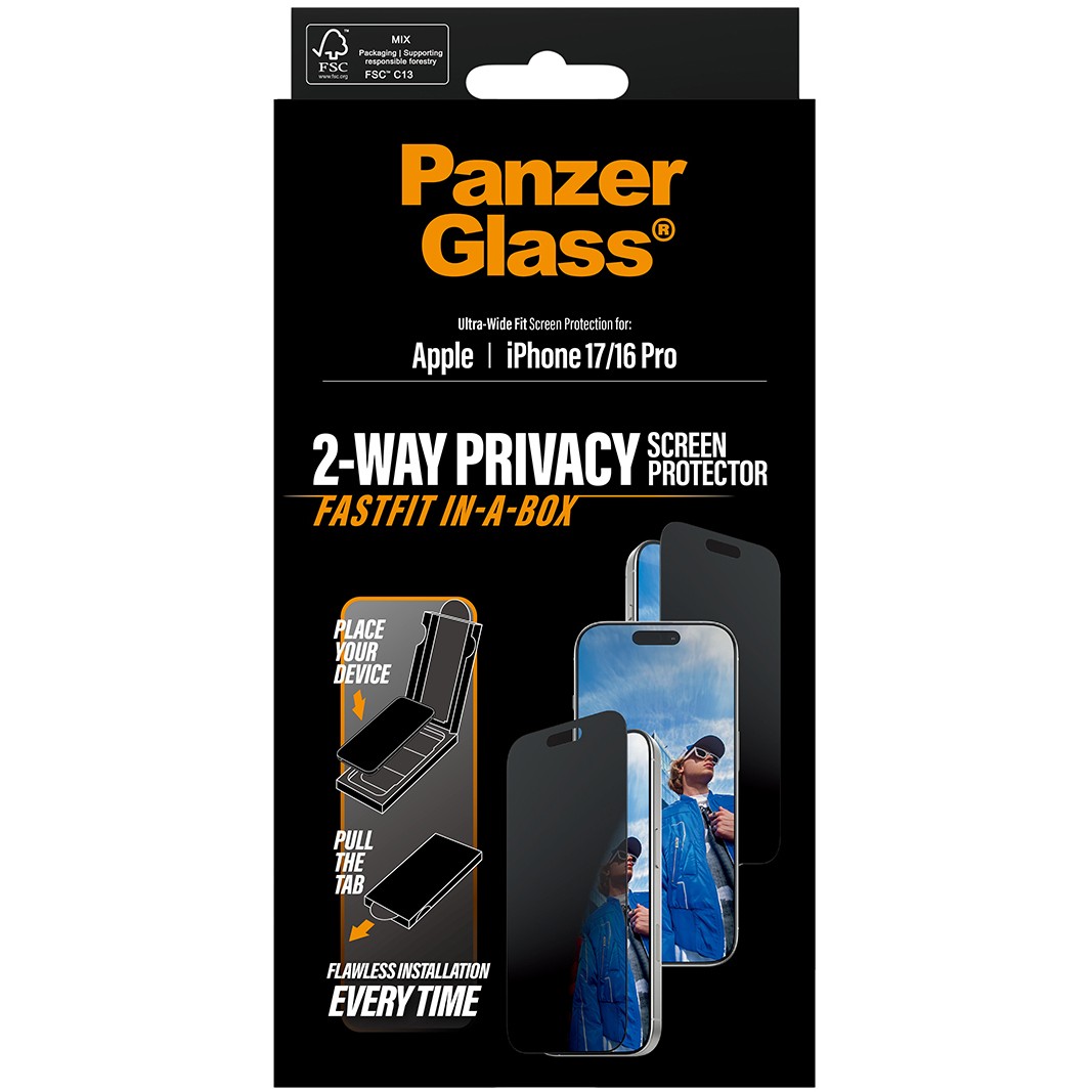 PanzerGlass ® 2-Way Privacy Screen Protector iPhone 17 | iPhone 16 Pro | Ultra-Wide Fit w. Fastfit in-a-box