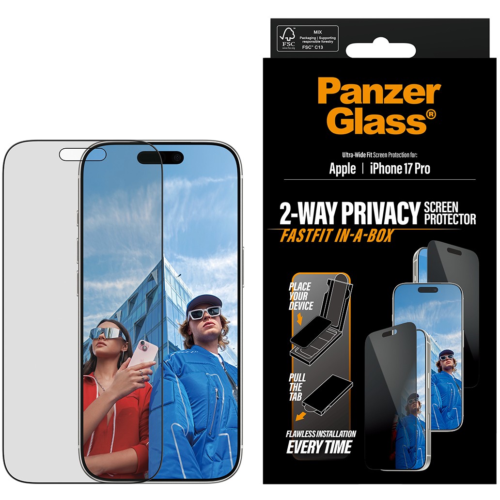 PanzerGlass ® 2-Way Privacy Screen Protector iPhone 17 Pro | Ultra-Wide Fit w. FASTFIT IN-A-BOX