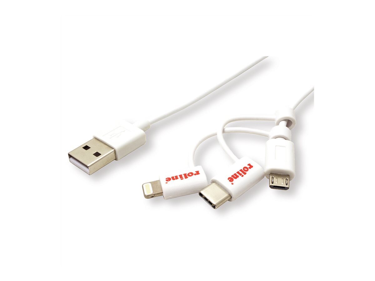 ROLINE USB 2.0 Sync- &, Ladekabel Typ A - Typ C / 8-Pin / USB MicroB, weiß, 1 m