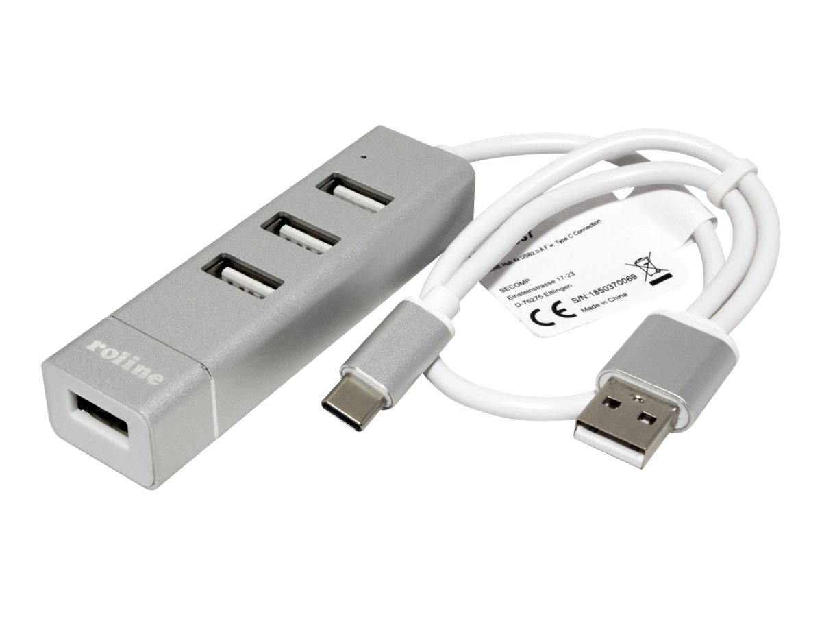 ROLINE USB 2.0 Notebook Hub, 4 Ports, Typ A+C Anschlusskabel