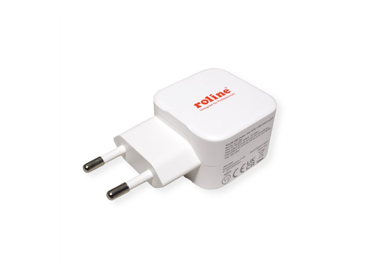 ROLINE USB Charger mit Euro-Stecker, 2 Port (Typ-A QC3.0, Typ-C PD), 20W