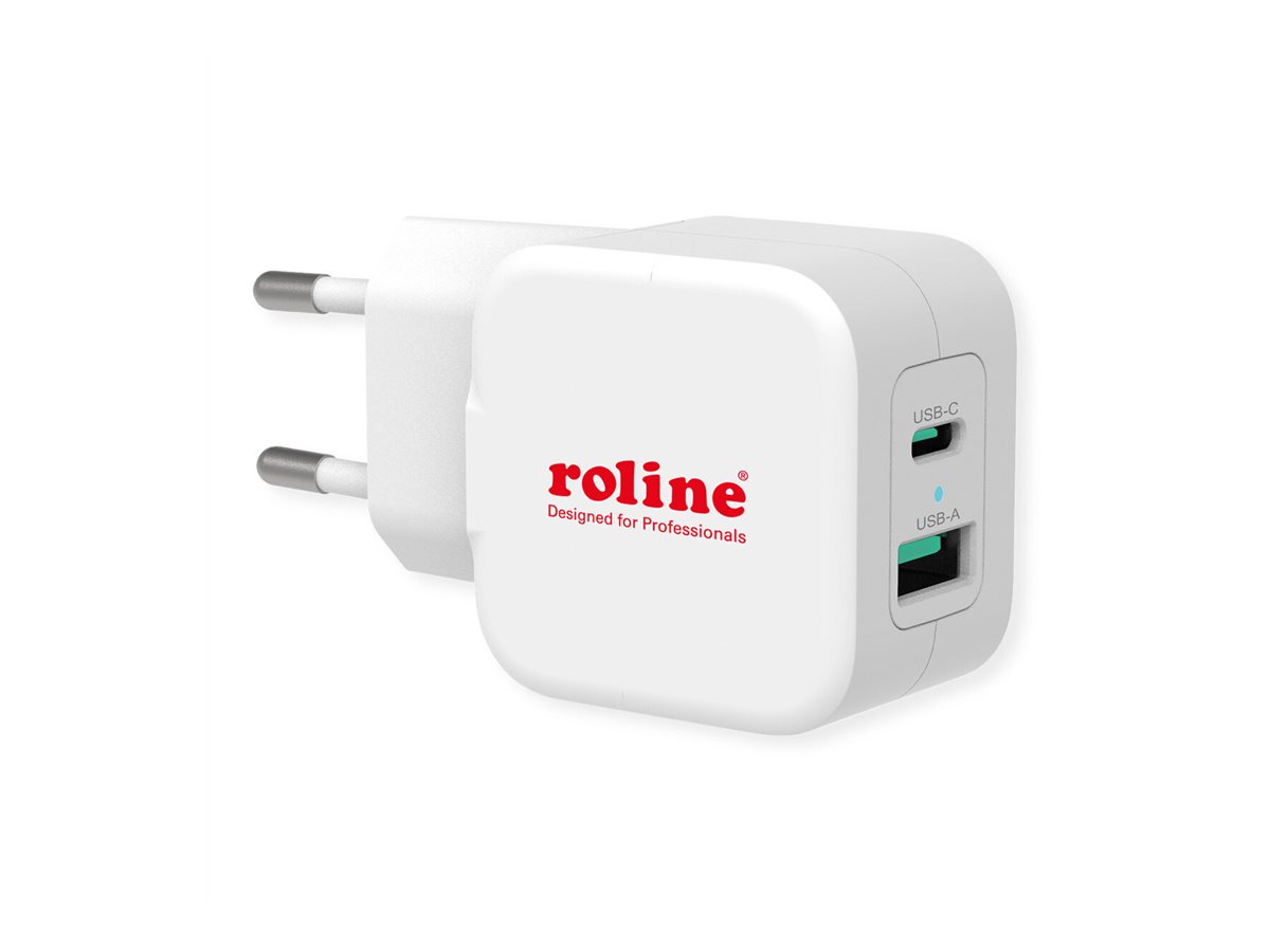 ROLINE USB Charger mit Euro-Stecker, 2 Port (Typ-A QC3.0, Typ-C PD), 20W
