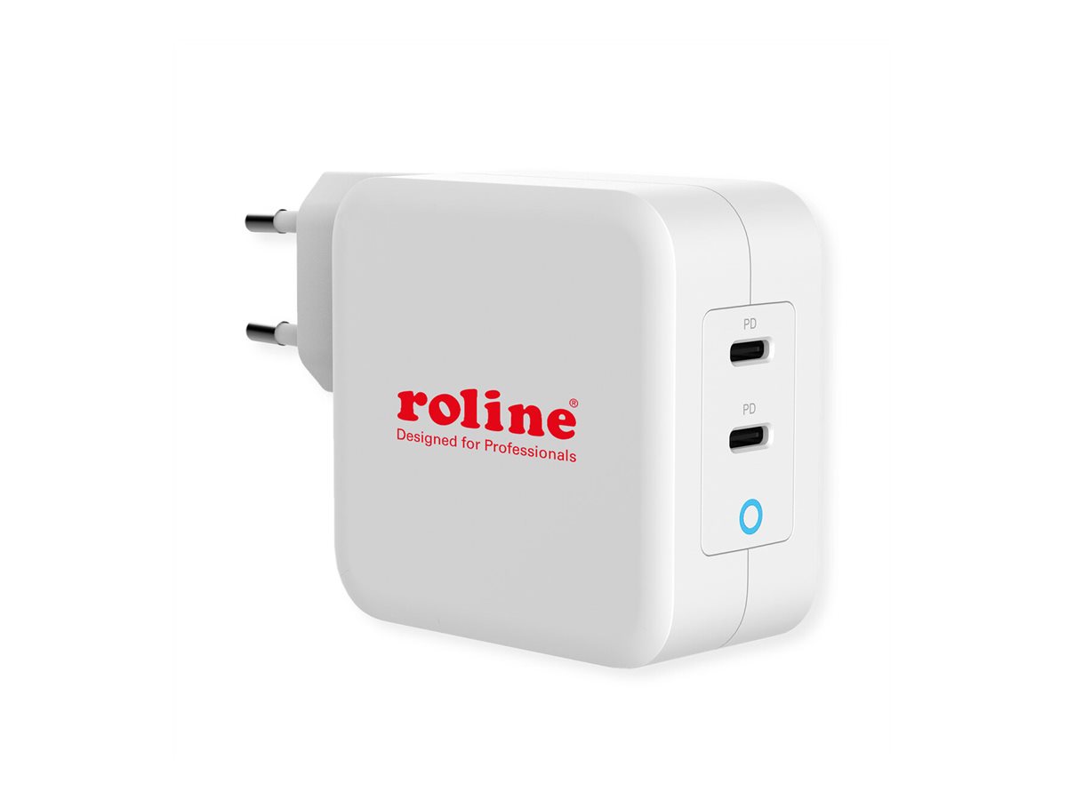 ROLINE USB Charger mit Euro-Stecker, 2 Port Typ-C (PD), GaN, 100W