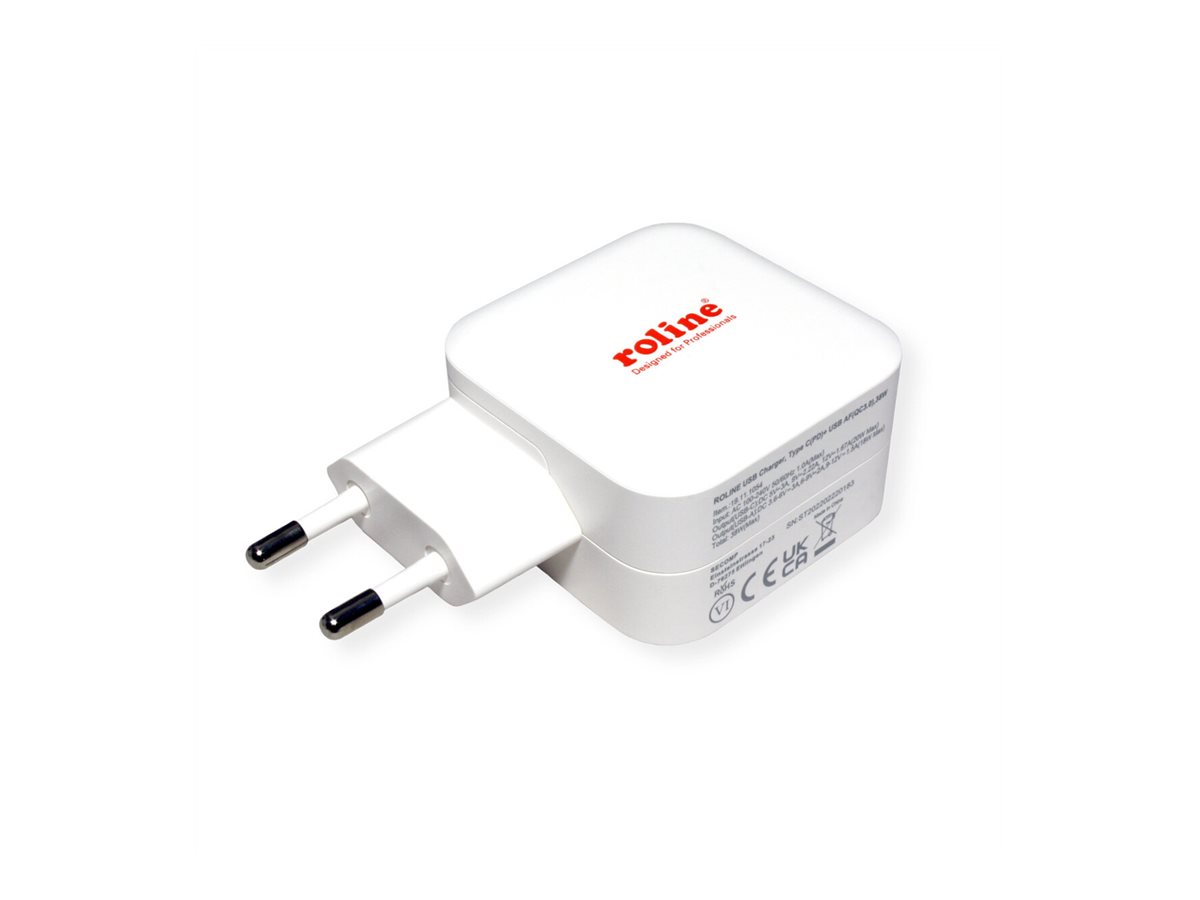 ROLINE USB Charger mit Euro-Stecker, 2 Port (Typ-A QC3.0, Typ-C PD), 38W
