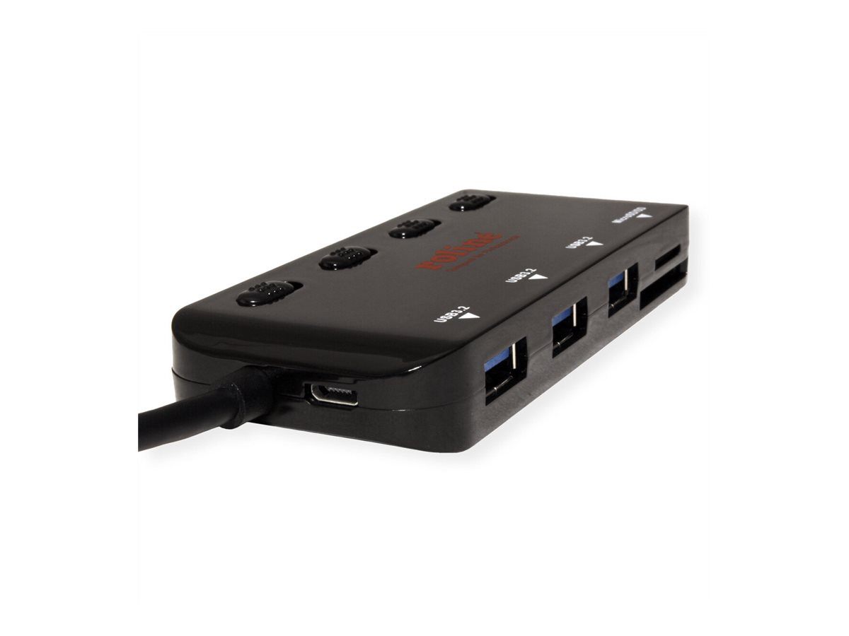 ROLINE USB 3.2 Gen 1 Hub, 3fach, Typ C Anschlusskabel, mit CardReader, Ports einzeln schaltbar