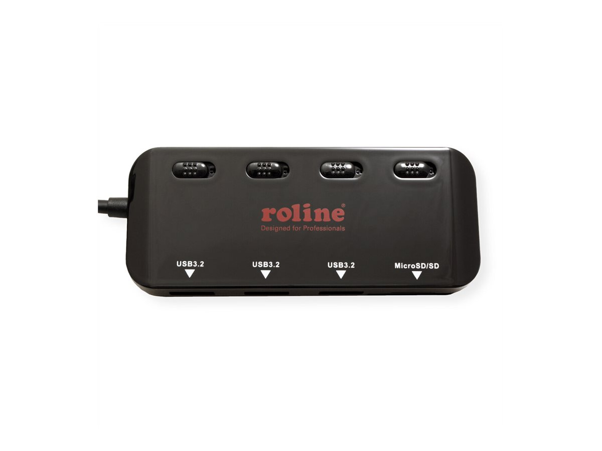 ROLINE USB 3.2 Gen 1 Hub, 3fach, Typ C Anschlusskabel, mit CardReader, Ports einzeln schaltbar
