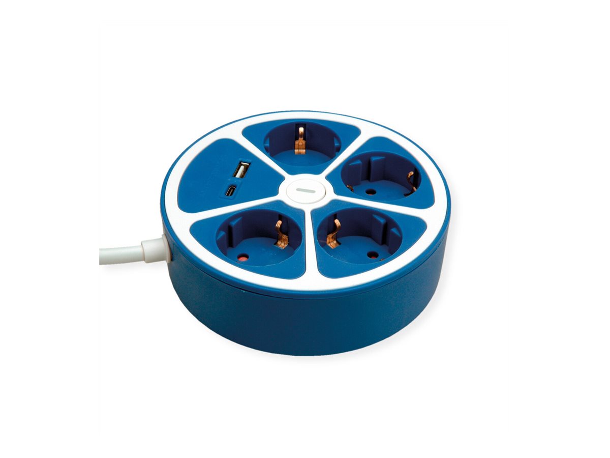 ROLINE 4-fach Steckdosenleiste mit Schalter, rund, USB-Charger A+C, blau, 1,5 m