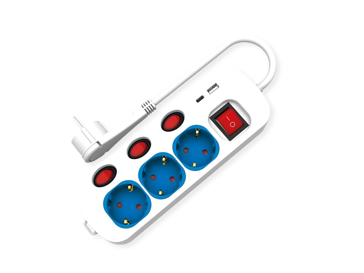 ROLINE 3-fach Steckdosenleiste mit Schalter, USB-Charger A+C, 1,5 m