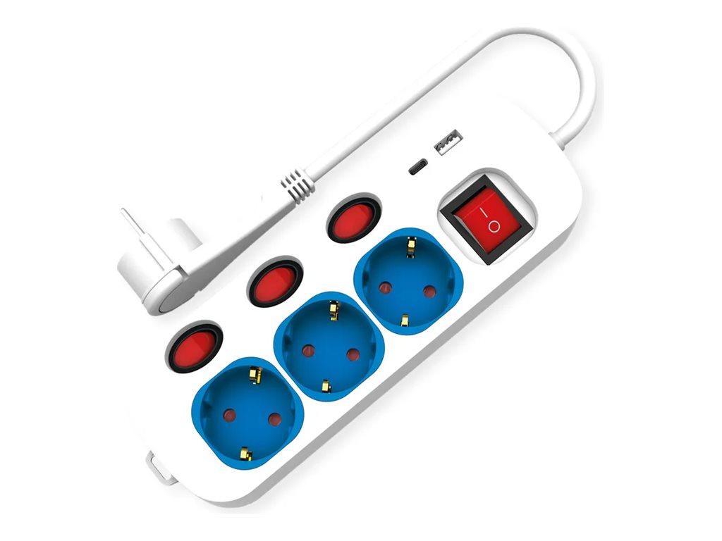 ROLINE 3-fach Steckdosenleiste mit Schalter, USB-Charger A+C, 1,5 m