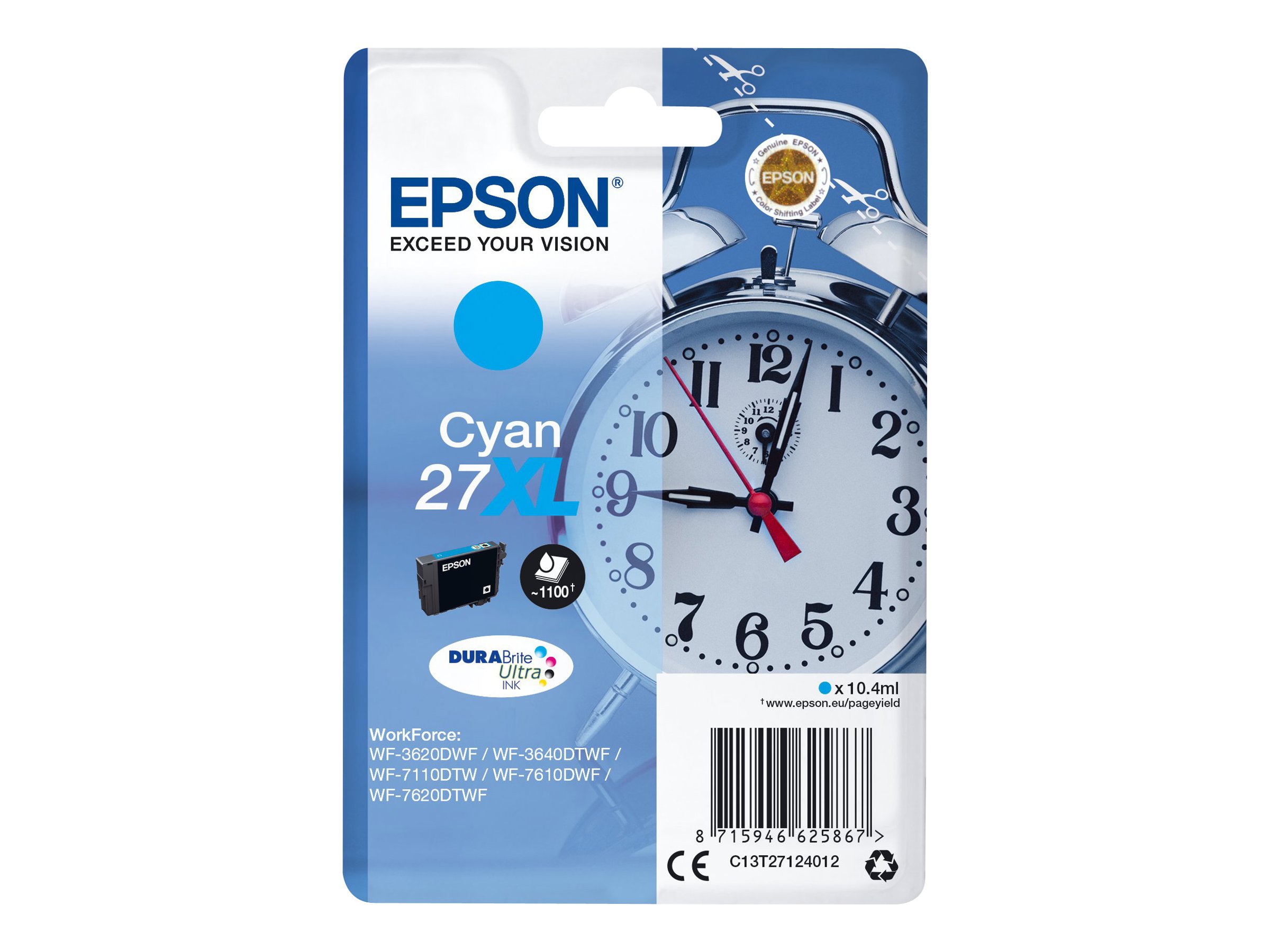 Epson Alarm clock Singlepack Cyan 27XL DURABrite Ultra Ink