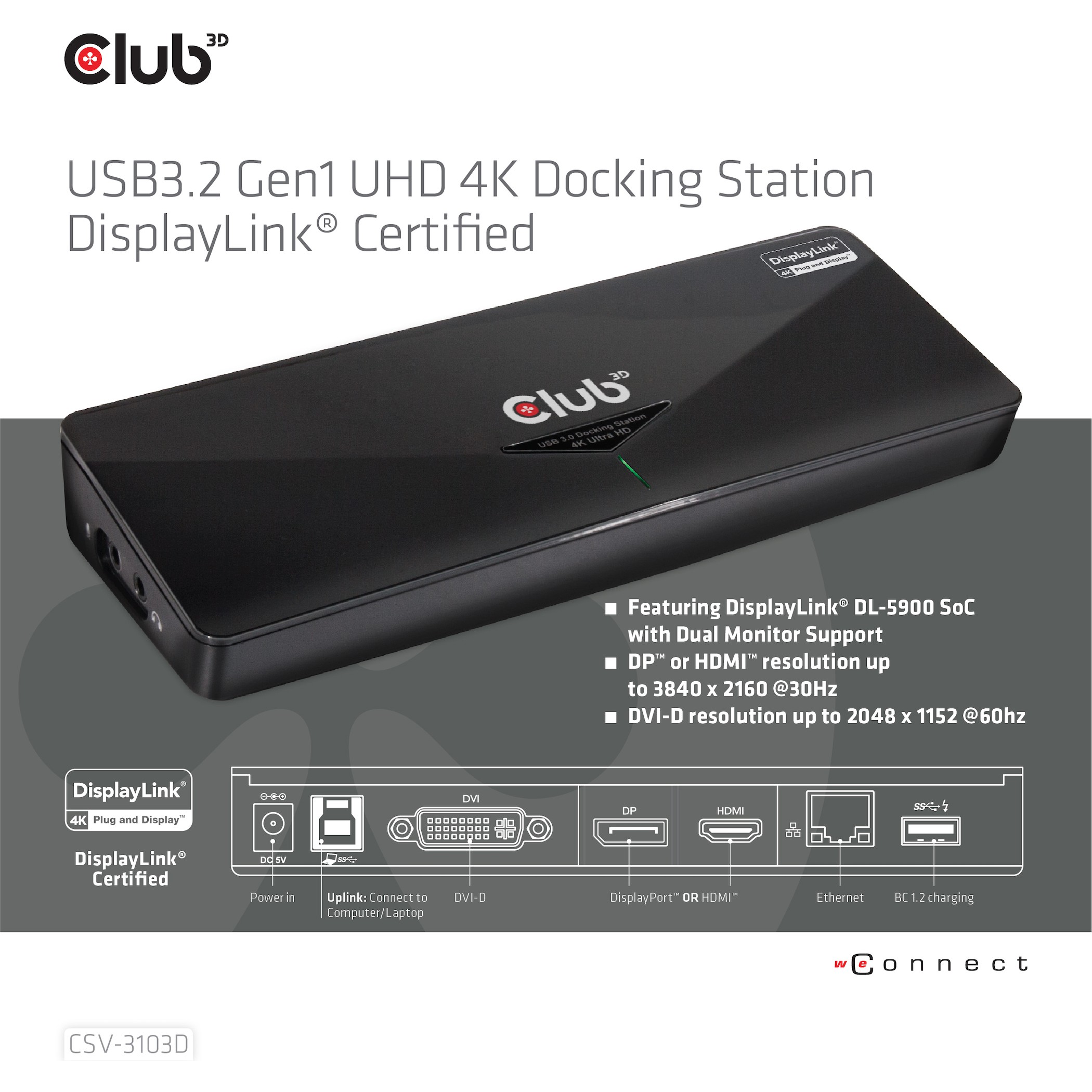 CLUB3D CSV-3103D The Club 3D Universal USB 3.1 Gen 1 UHD 4K Docking station DisplayLink™