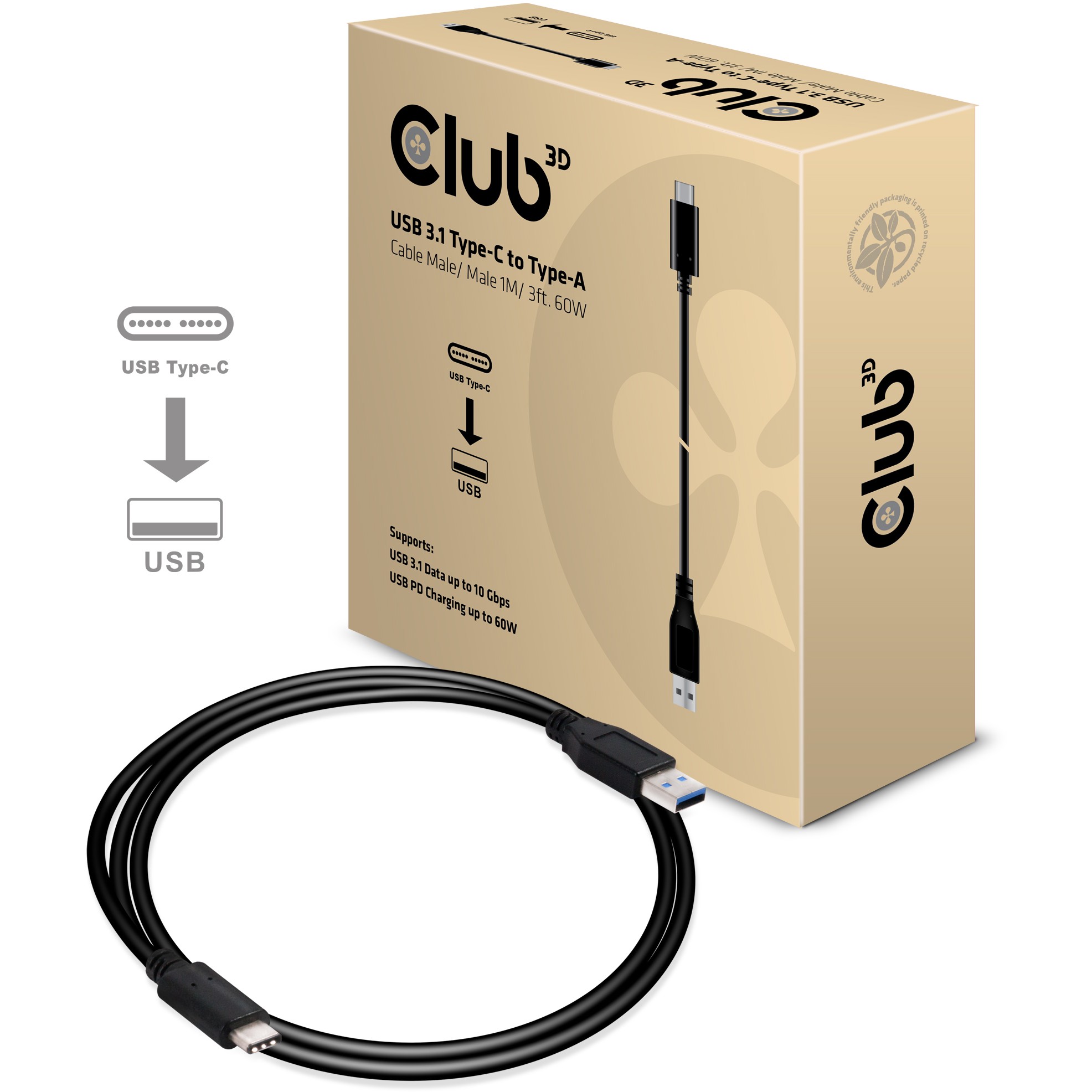 CLUB3D USB 3.1 Type-C to Type-A Cable 10Gbps PD 60W M/M 1m/3.28ft