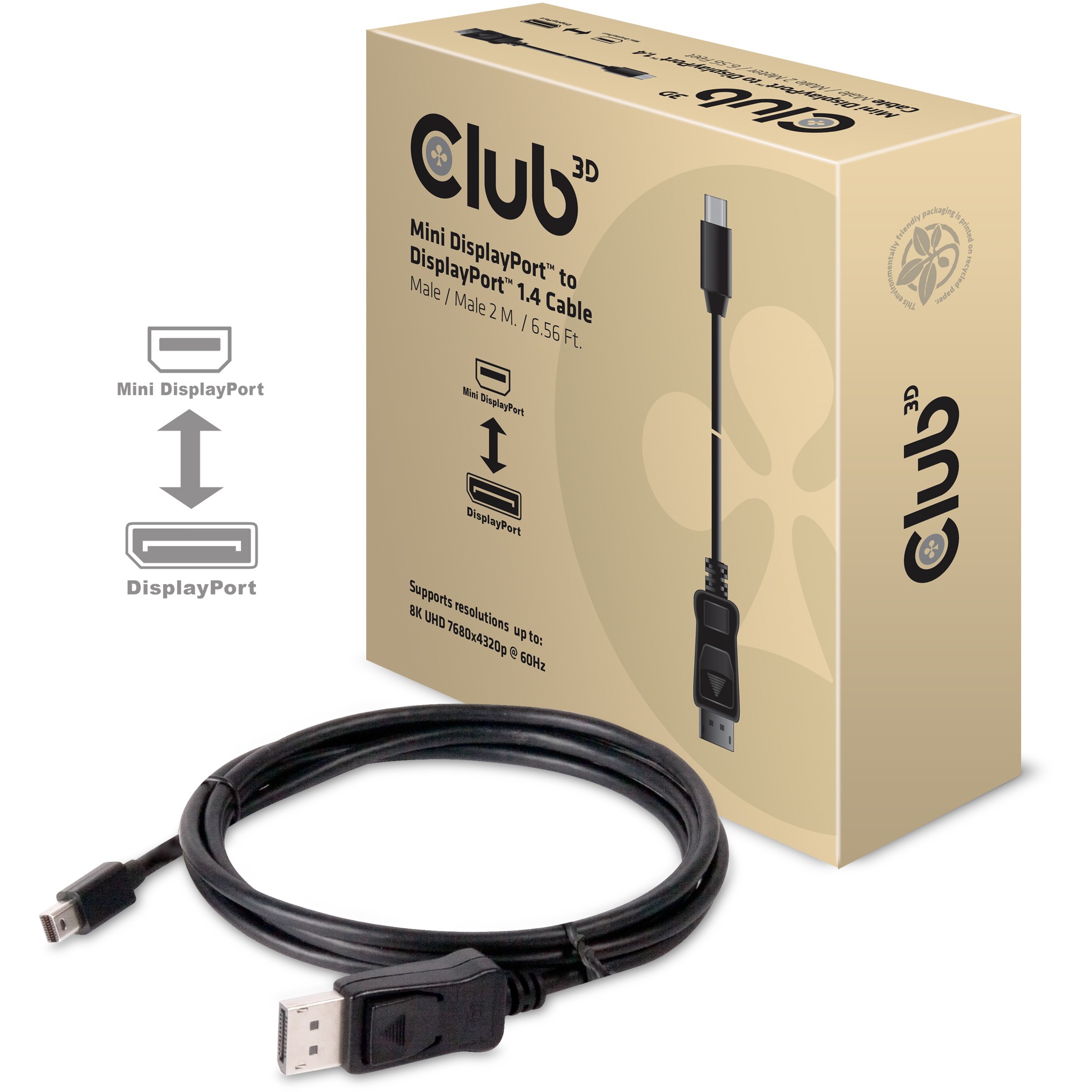 CLUB3D Mini DisplayPort auf DisplayPort 1.4 HBR3 8K60Hz Kabel, 2 Meter
