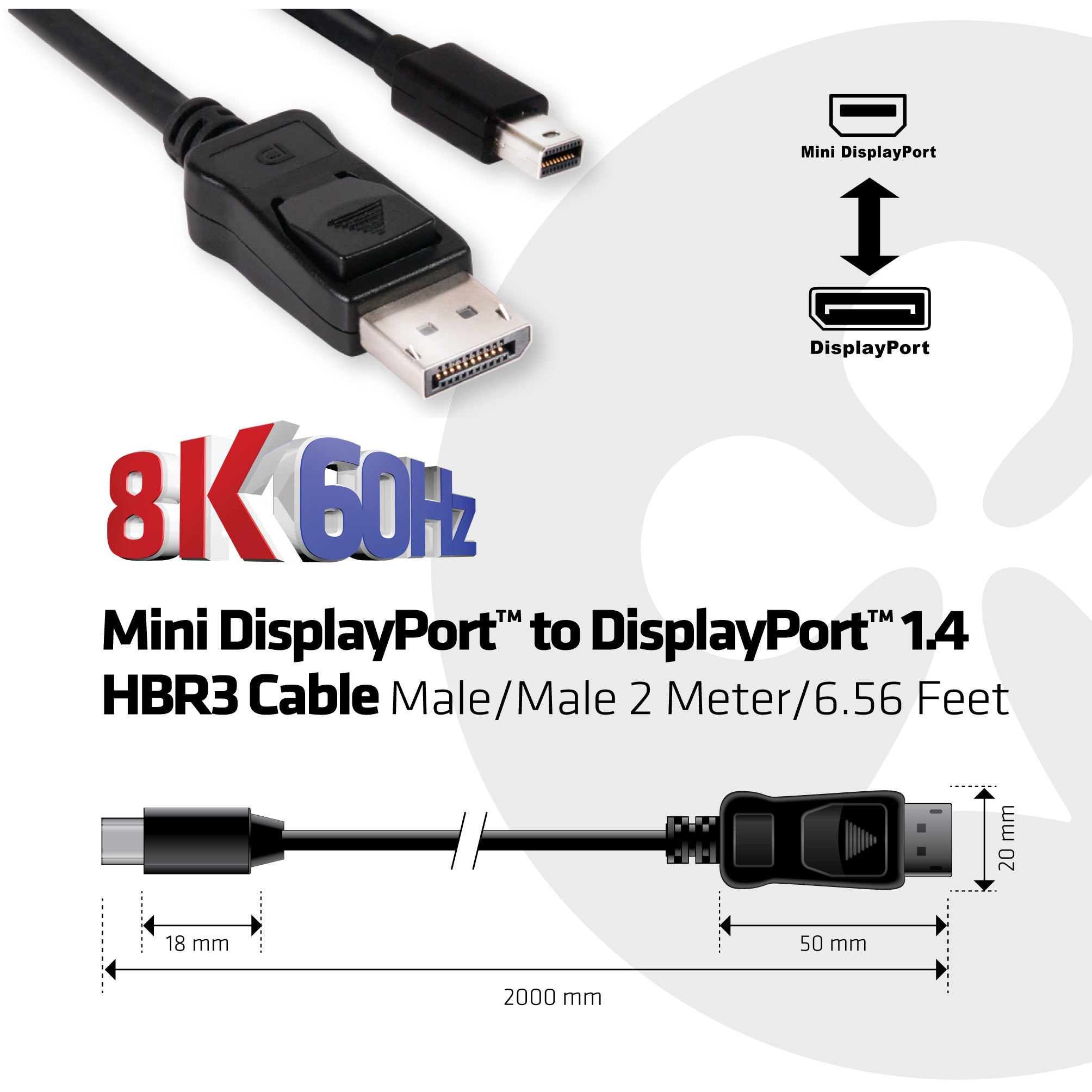CLUB3D Mini DisplayPort auf DisplayPort 1.4 HBR3 8K60Hz Kabel, 2 Meter