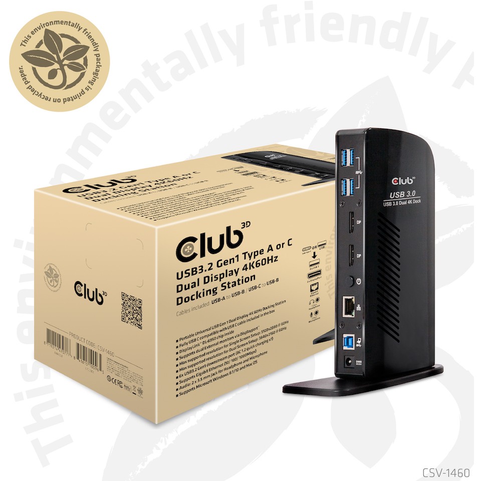 CLUB3D USB3.2 Gen1 Type A or C Dual Display 4K60Hz Docking Station DisplayLink® Certified