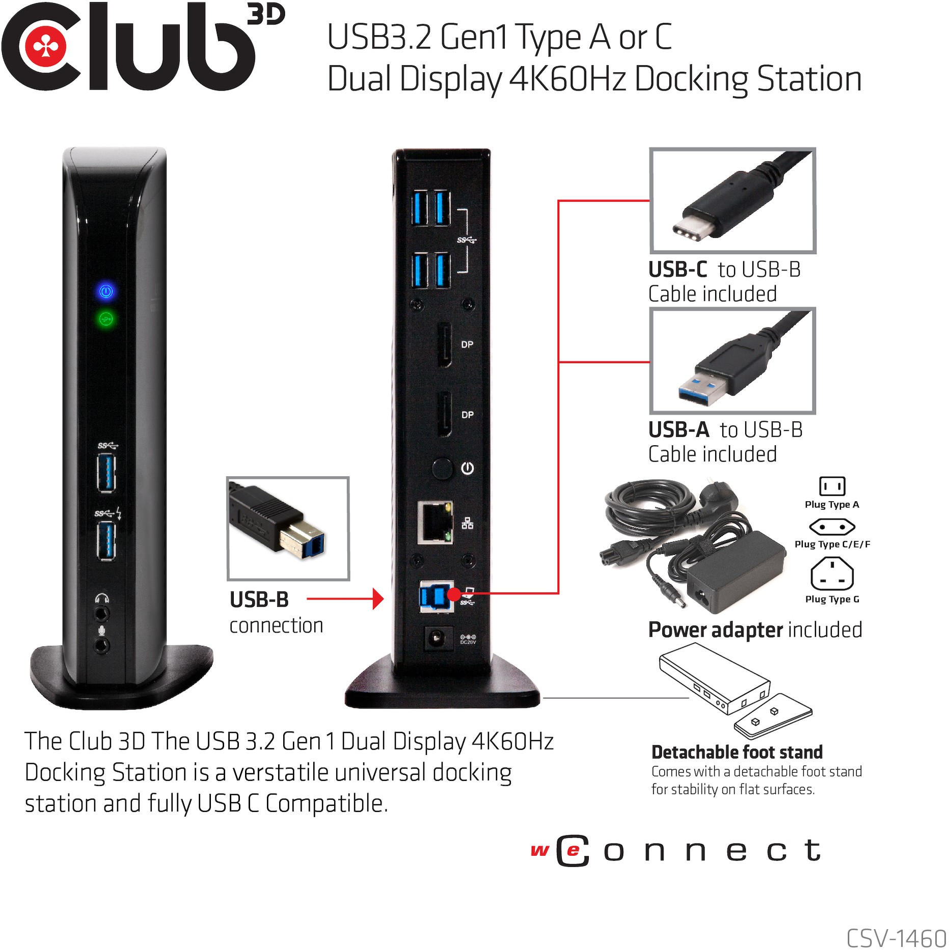 CLUB3D USB3.2 Gen1 Type A or C Dual Display 4K60Hz Docking Station DisplayLink® Certified