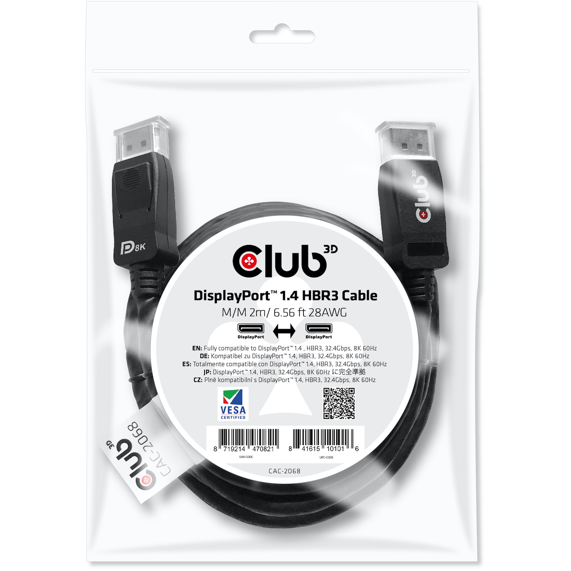 CLUB3D DisplayPort 1.4 HBR3 Kabel Stecker/Stecker 2 Meter 8K60Hz
