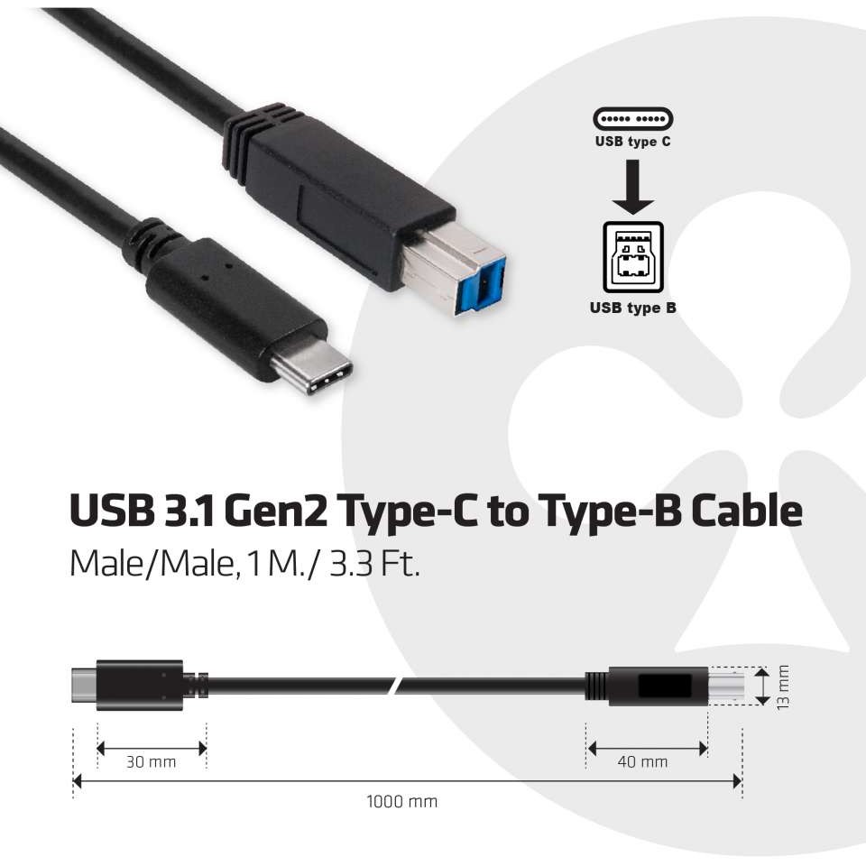 CLUB3D USB 3.1 Gen2 Type-C auf Type-B Kabel 1M. Stecker/Stecker