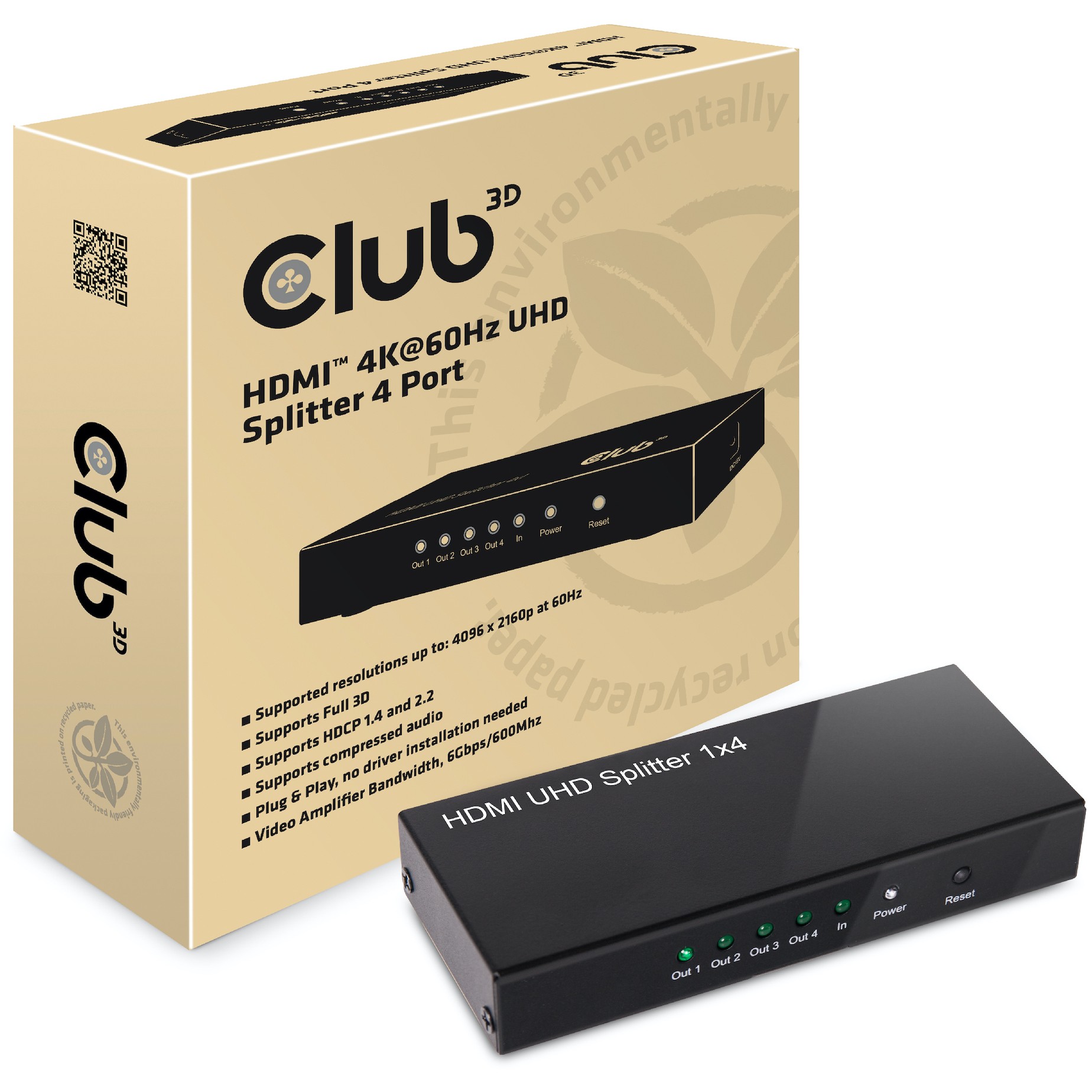CLUB3D HDMI™ 4K@60Hz UHD Splitter AC Power 4 ports