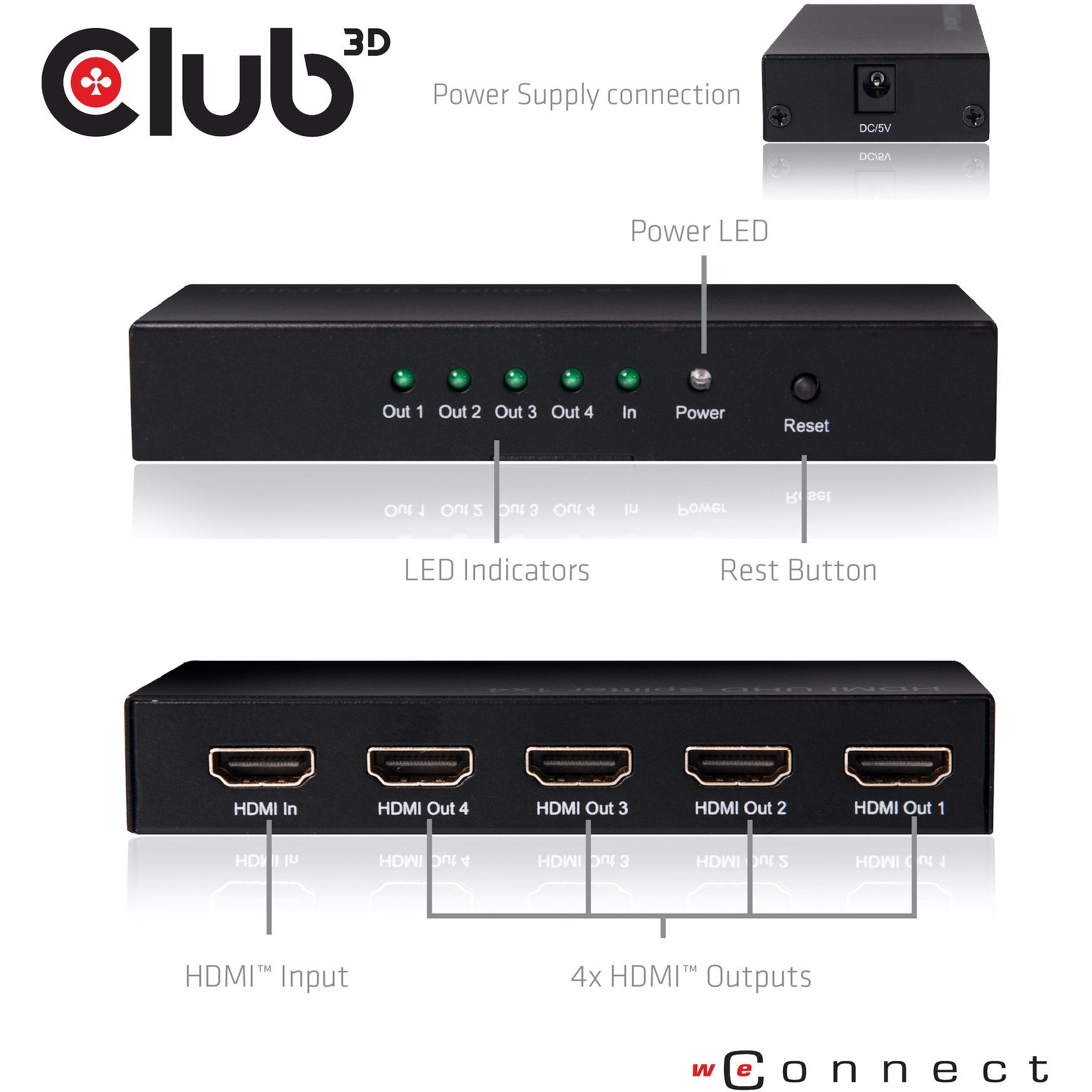 CLUB3D HDMI™ 4K@60Hz UHD Splitter AC Power 4 ports