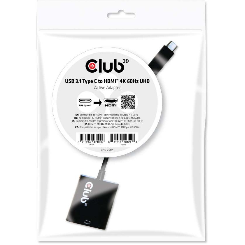 CLUB3D USB 3.1 Type C auf HDMI 2.0 UHD 4K 60Hz Aktiver Adapter
