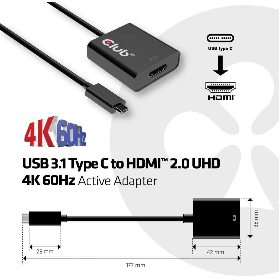 CLUB3D USB 3.1 Type C auf HDMI 2.0 UHD 4K 60Hz Aktiver Adapter