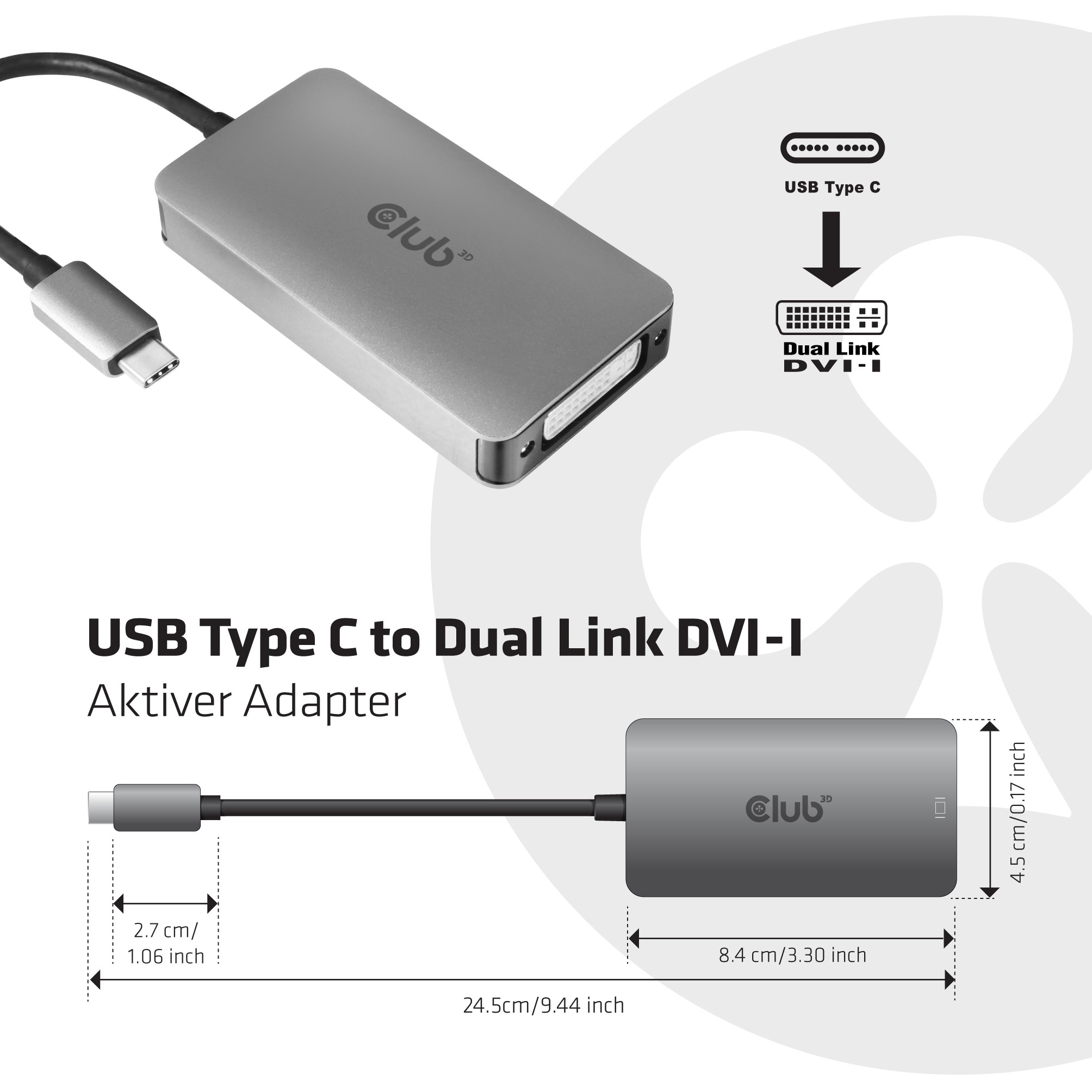 CLUB3D USB3.2 Gen1 Type-C to Dual Link DVI-D HDCP ON version Active Adapter M/F