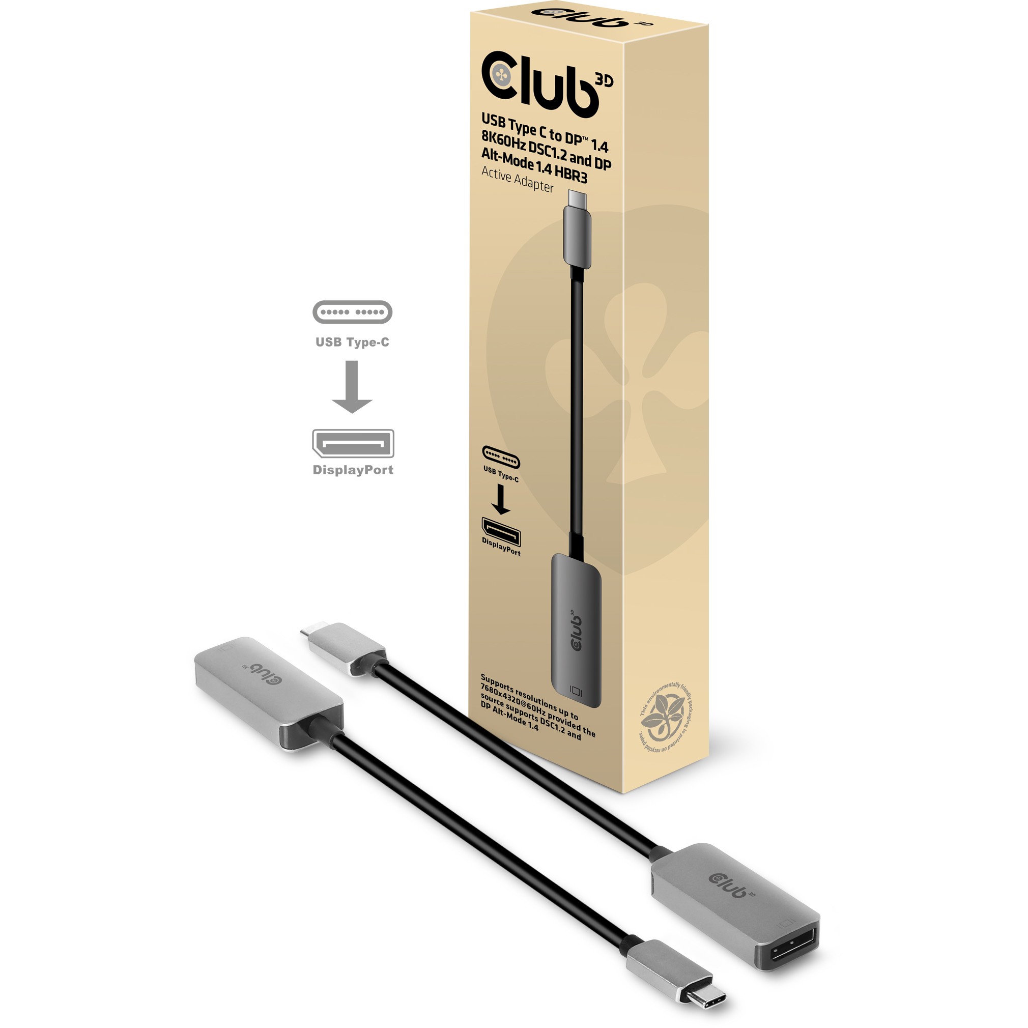 CLUB3D USB Type C to DisplayPort 1.4 8K60Hz HBR3 Active Adapter