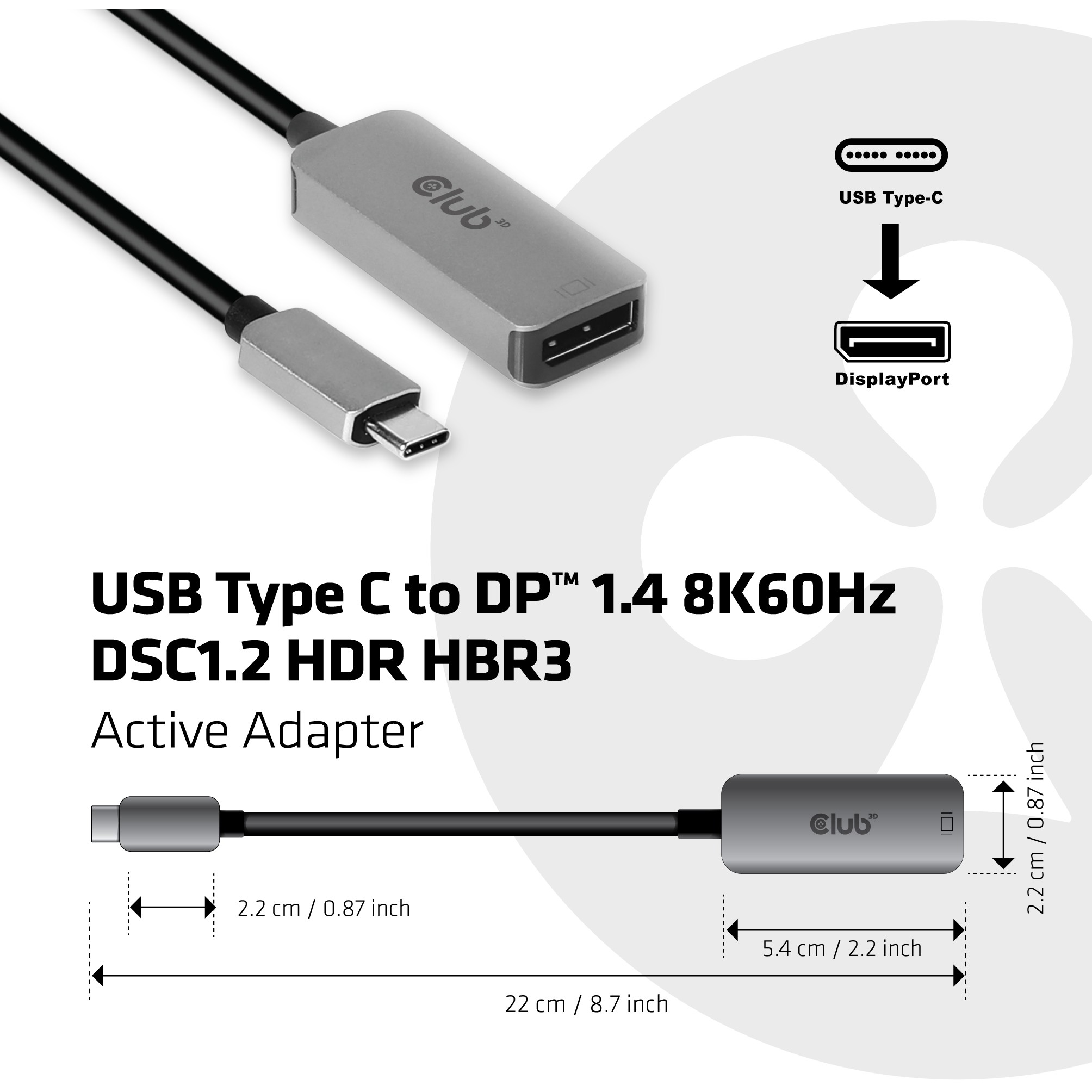 CLUB3D USB Type C to DisplayPort 1.4 8K60Hz HBR3 Active Adapter