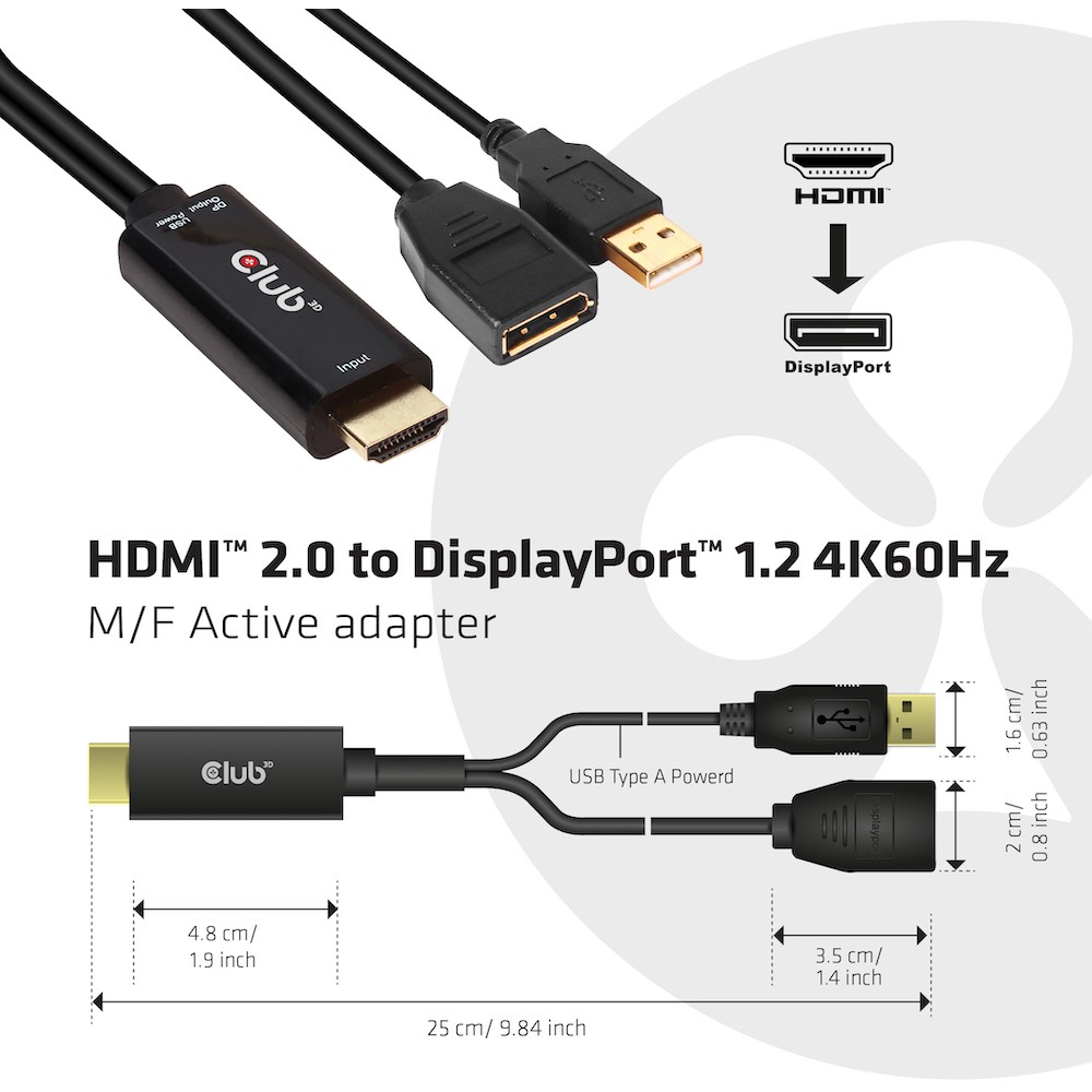 CLUB3D HDMI 2.0 TO DISPLAYPORT 1.2 4K60HZ HDR M/F ACTIVE ADAPTER Schwarz