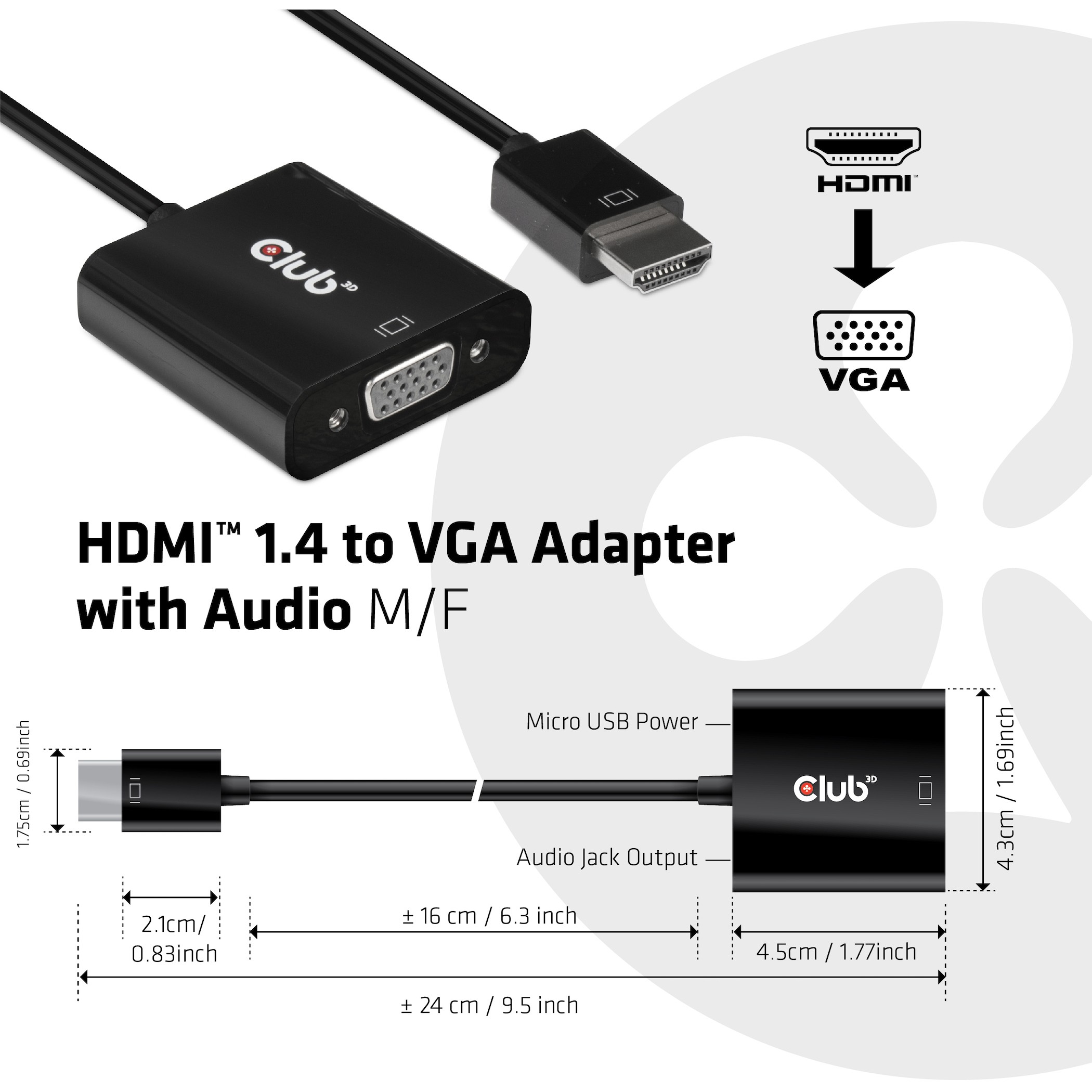 CLUB3D CAC-1302 Videokabel-Adapter 0,5 m HDMI Typ A (Standard) VGA (D-Sub) Schwarz