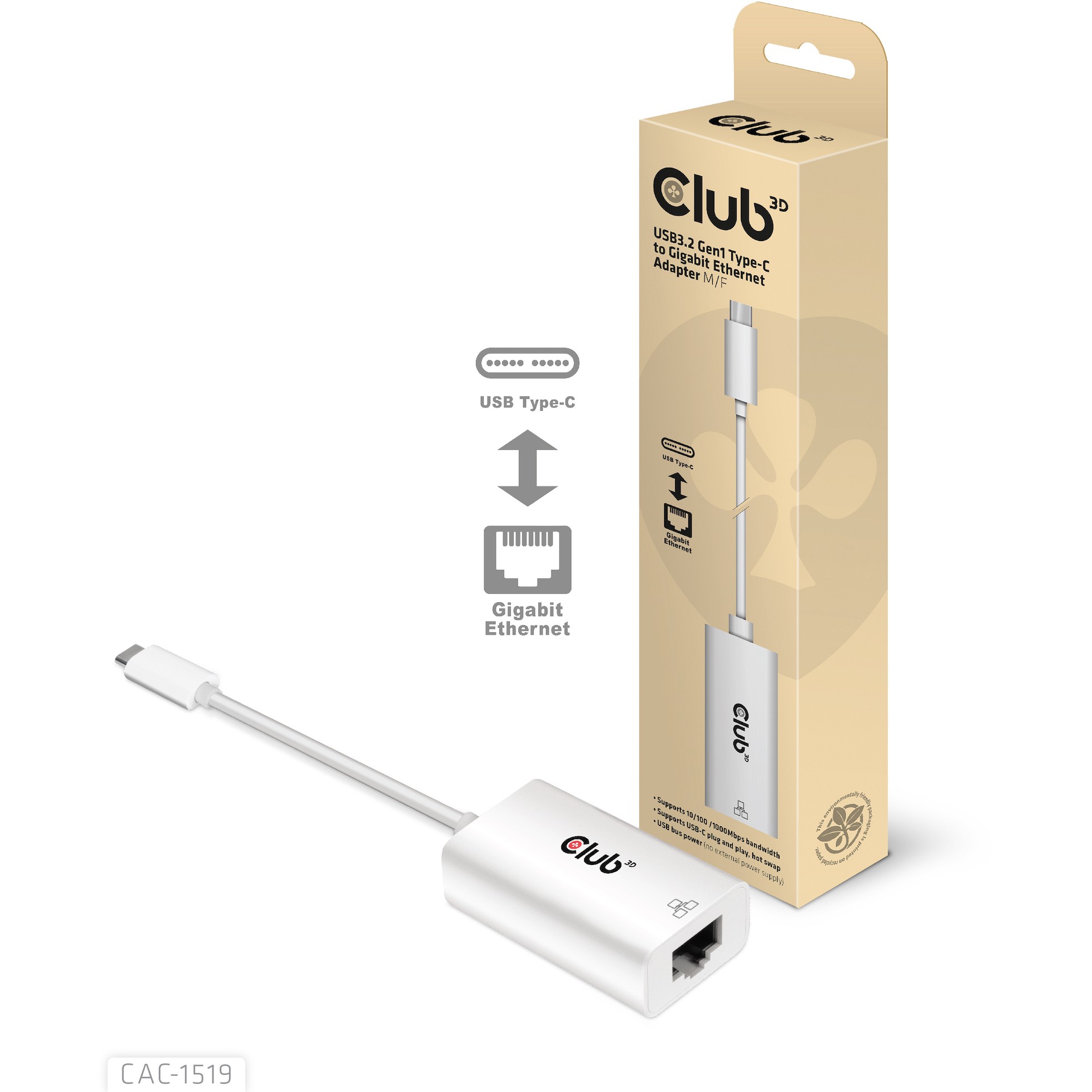 CLUB3D USB3.2 Gen1 Type-C to Gigabit Ethernet Adapter M/F