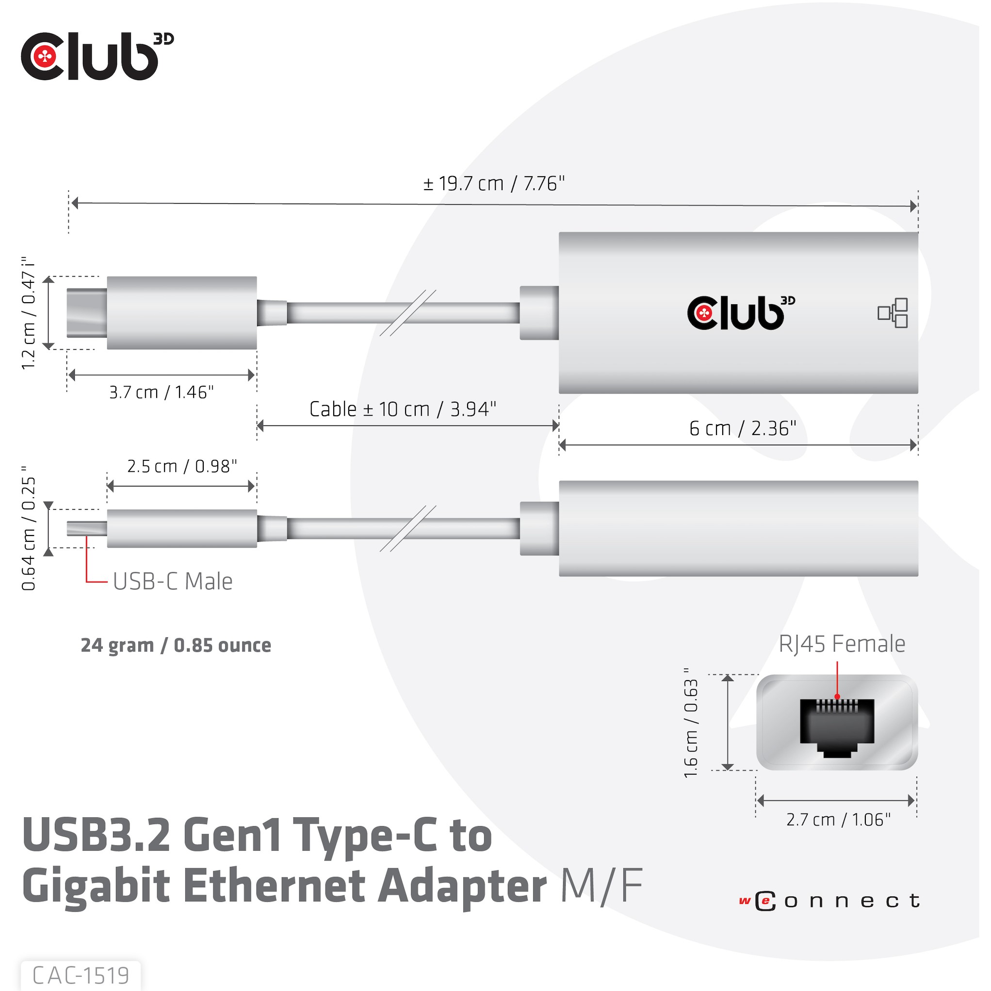 CLUB3D USB3.2 Gen1 Type-C to Gigabit Ethernet Adapter M/F
