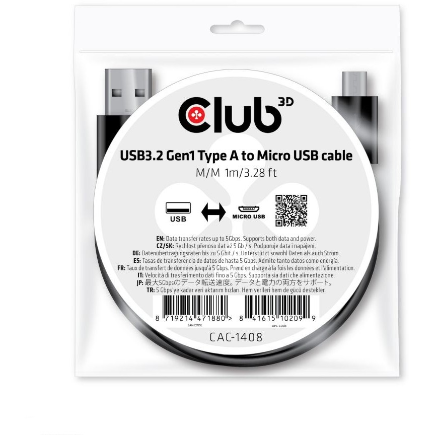 CLUB3D USB 3.2 Gen1 Type-A to Micro USB Cable M/M 1m /3.28ft