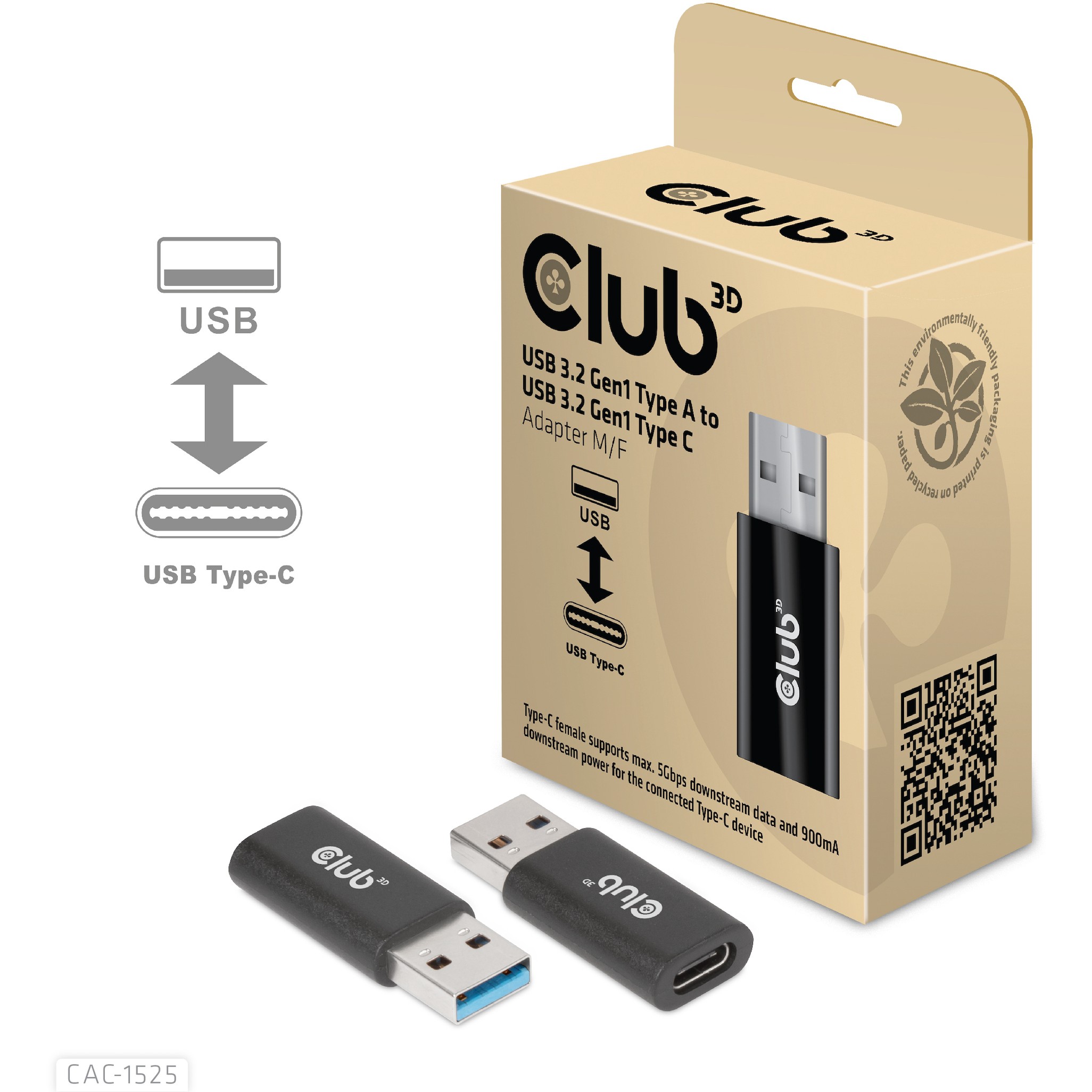 CLUB3D USB 3.2 Gen1 Typ-A auf USB 3.2 Gen1 Typ-C Adapter St./B.