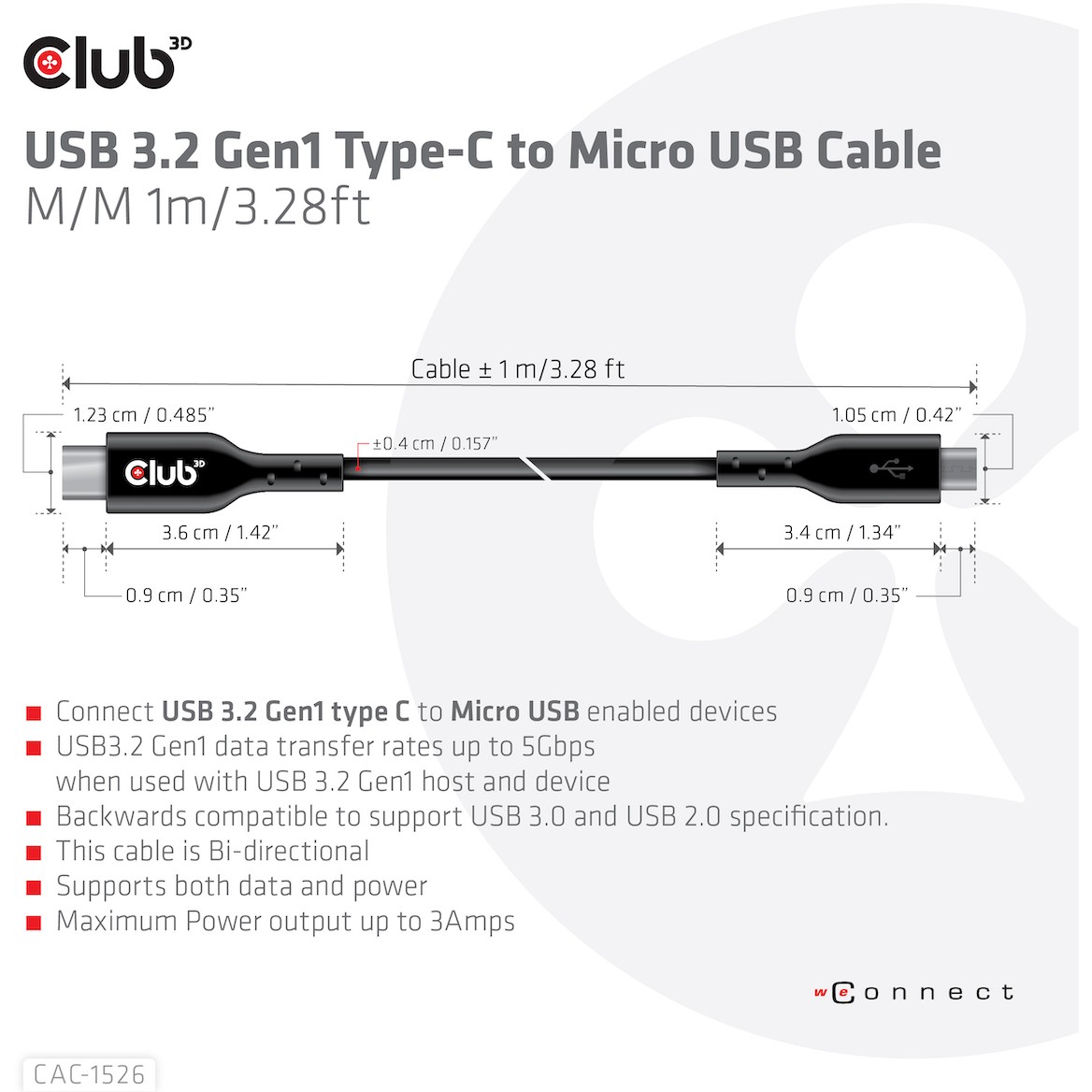 CLUB3D USB 3.2 Gen1 Type-C to Micro USB Cable M/M 1m /3.28ft