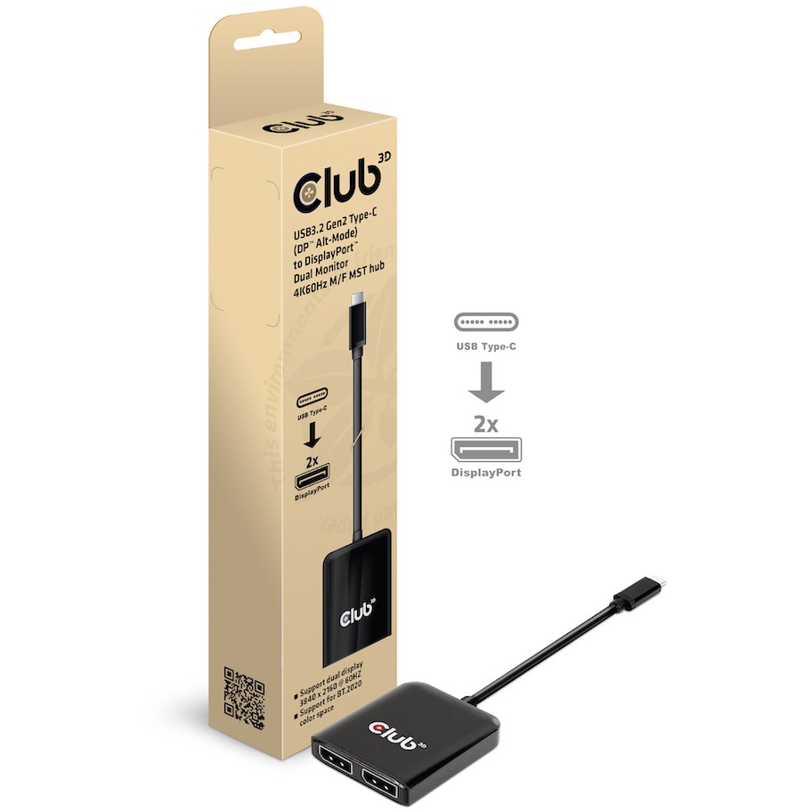 CLUB3D USB3.2 Gen2 Type-C(DP Alt-Mode) to DisplayPort Dual Monitor 4K60Hz M/F MST hub
