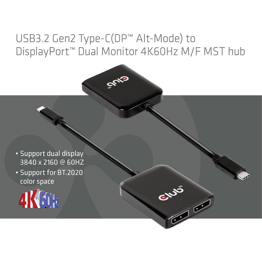CLUB3D USB3.2 Gen2 Type-C(DP Alt-Mode) to DisplayPort Dual Monitor 4K60Hz M/F MST hub