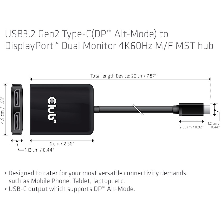 CLUB3D USB3.2 Gen2 Type-C(DP Alt-Mode) to DisplayPort Dual Monitor 4K60Hz M/F MST hub