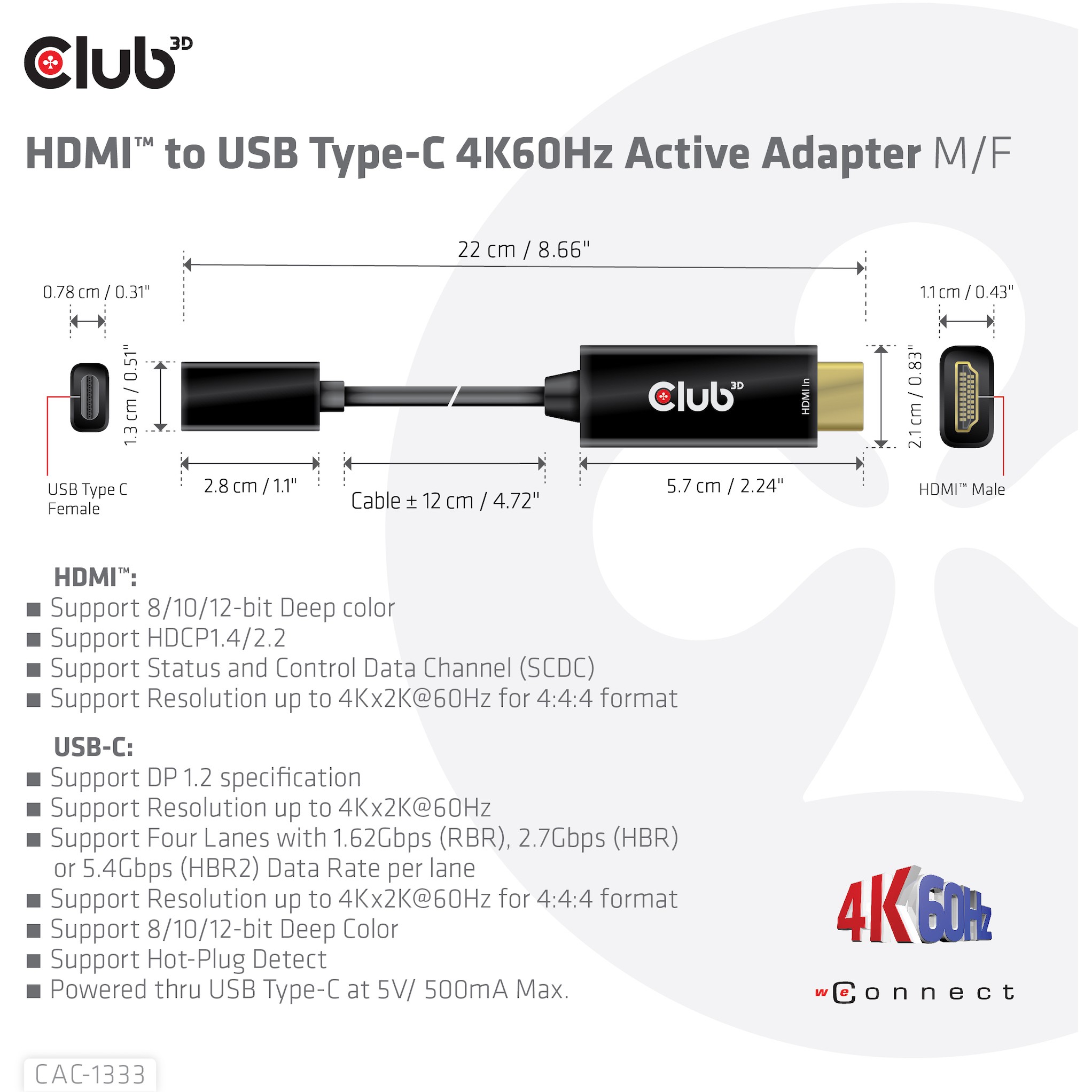 CLUB3D HDMI to USB Type-C 4K60Hz Active Adapter M/F