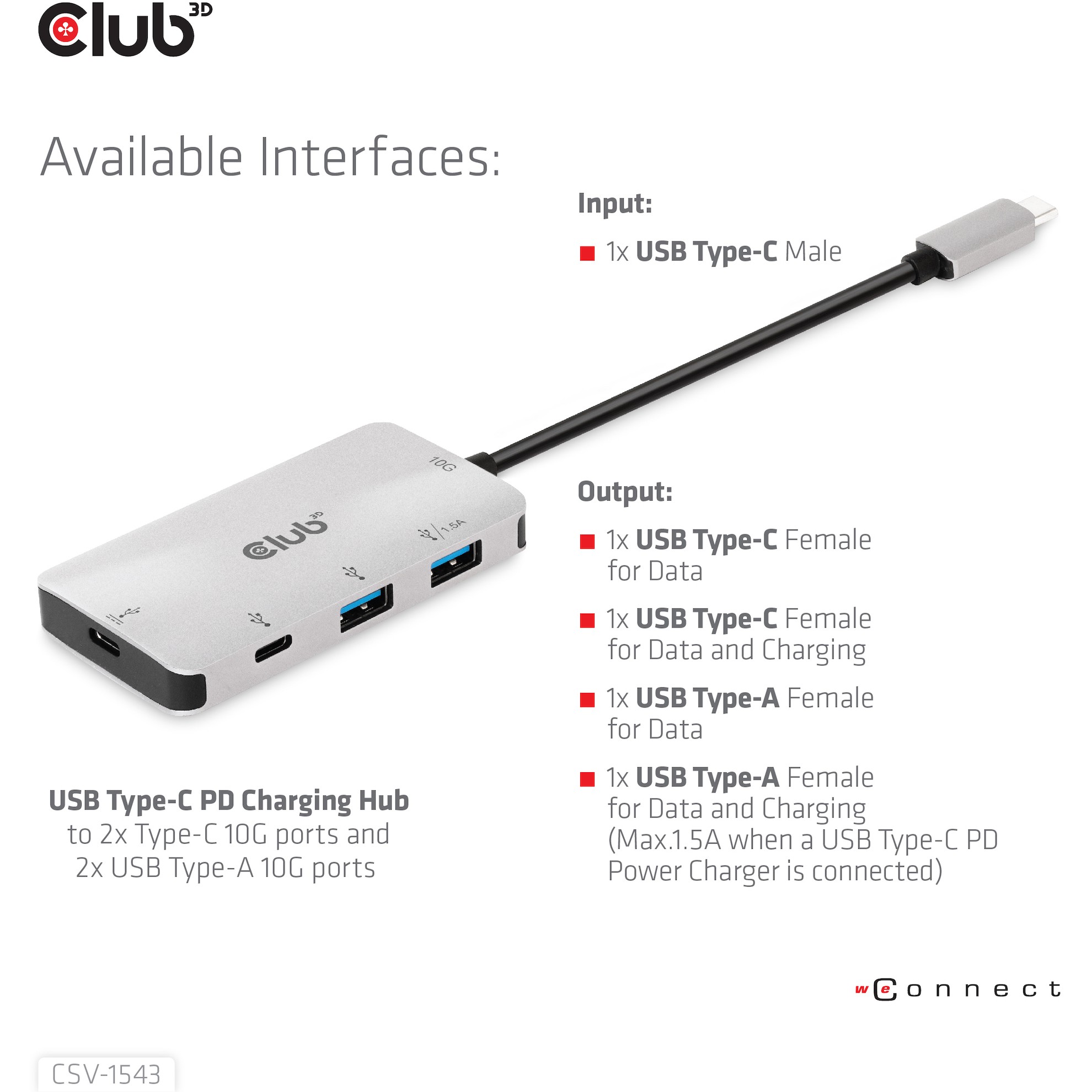 CLUB3D USB Gen2 Type-C PD Charging Hub to 2x Type-C 10G ports and 2x USB Type-A 10G ports