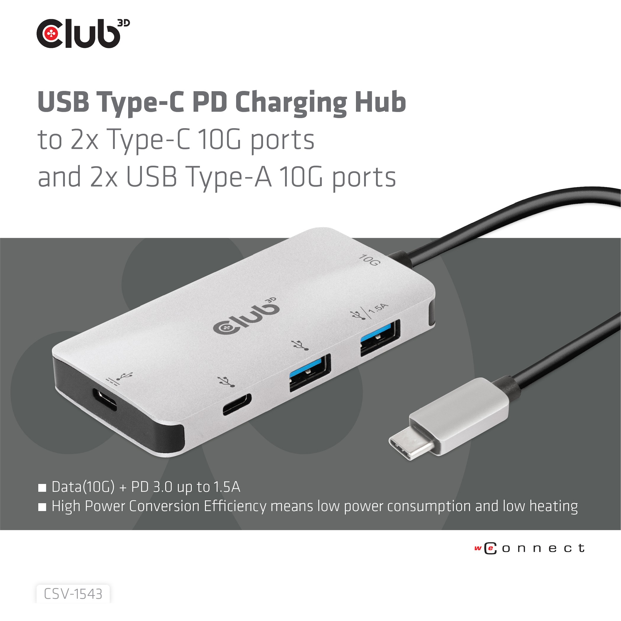 CLUB3D USB Gen2 Type-C PD Charging Hub to 2x Type-C 10G ports and 2x USB Type-A 10G ports