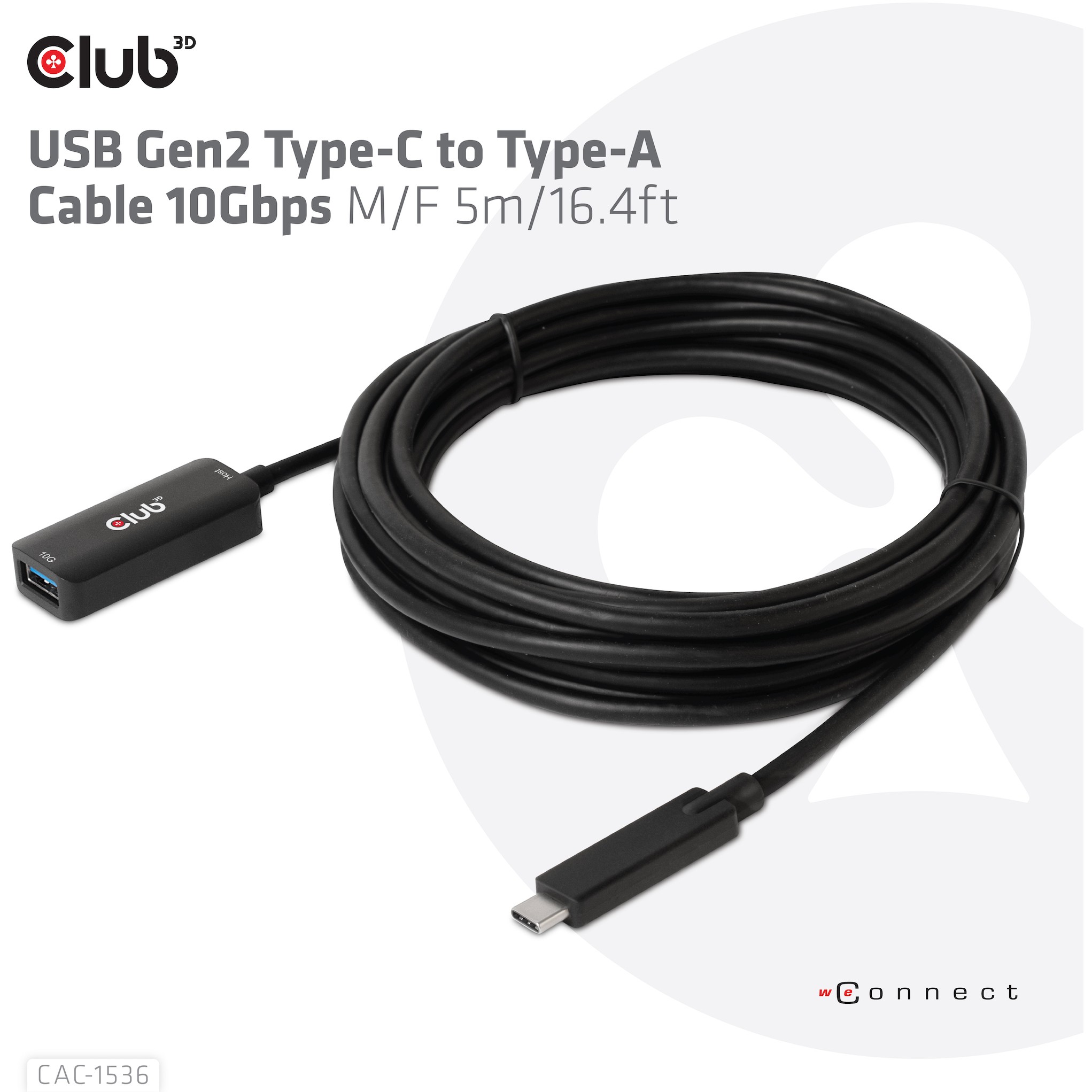 CLUB3D USB Gen2 Type-C to Type-A Cable 10Gbps M/F 5m/16.4ft