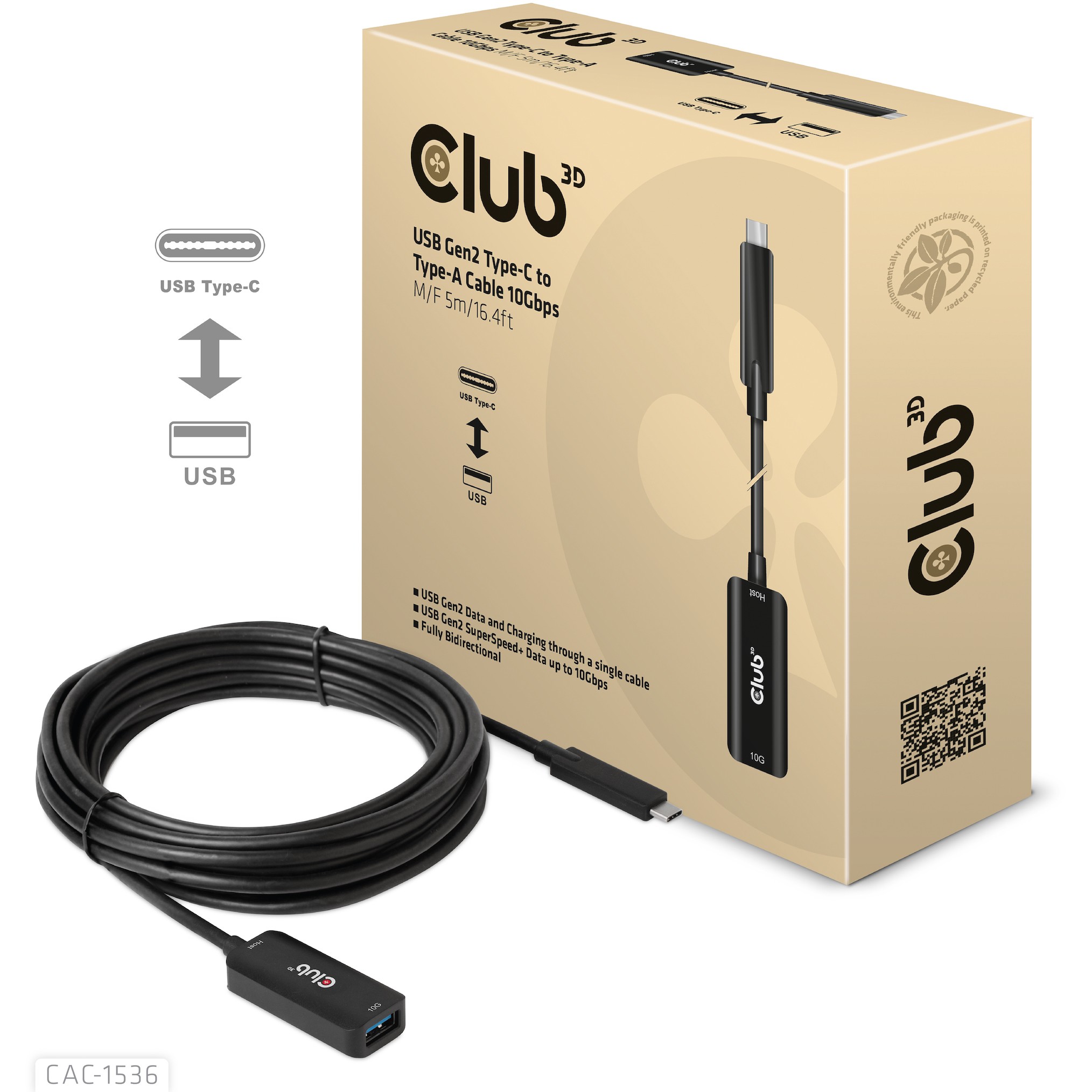 CLUB3D USB Gen2 Type-C to Type-A Cable 10Gbps M/F 5m/16.4ft