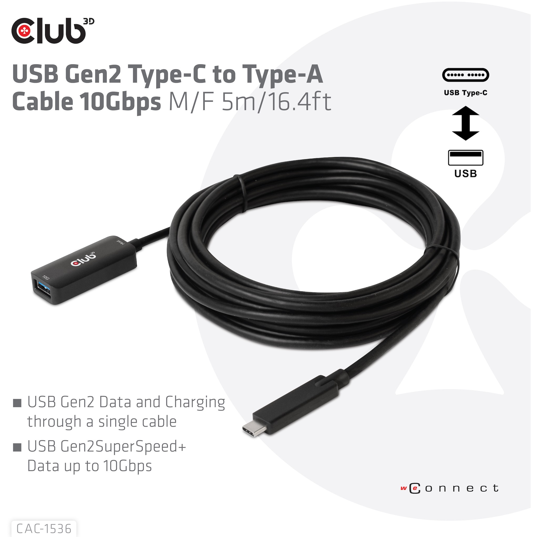 CLUB3D USB Gen2 Type-C to Type-A Cable 10Gbps M/F 5m/16.4ft
