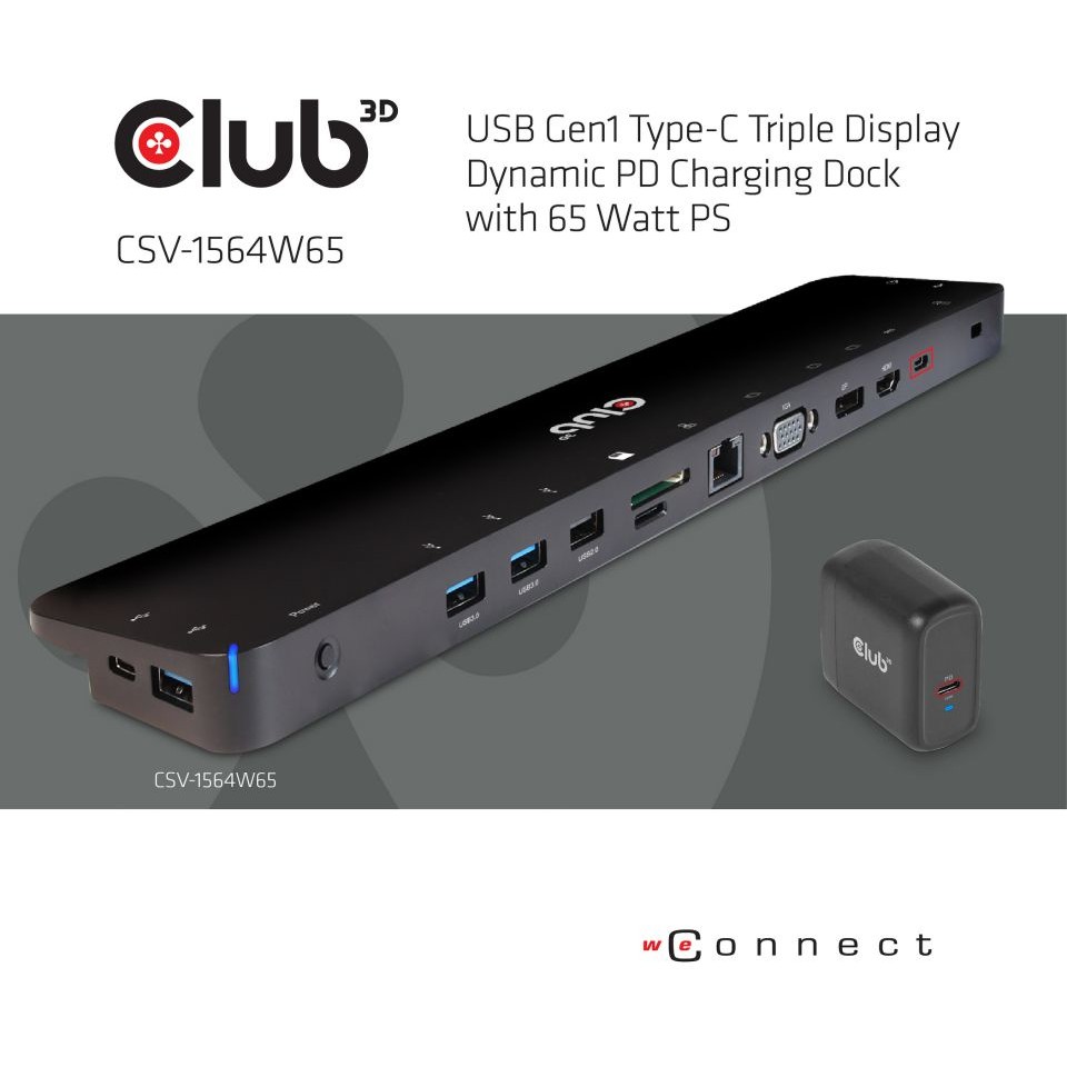 CLUB3D UNIVERSAL USB Gen1 Typ-C Triple Display Dynamic PD Ladestation mit 65 Watt PS (VGA, HDMI, DP, ETHERNET)