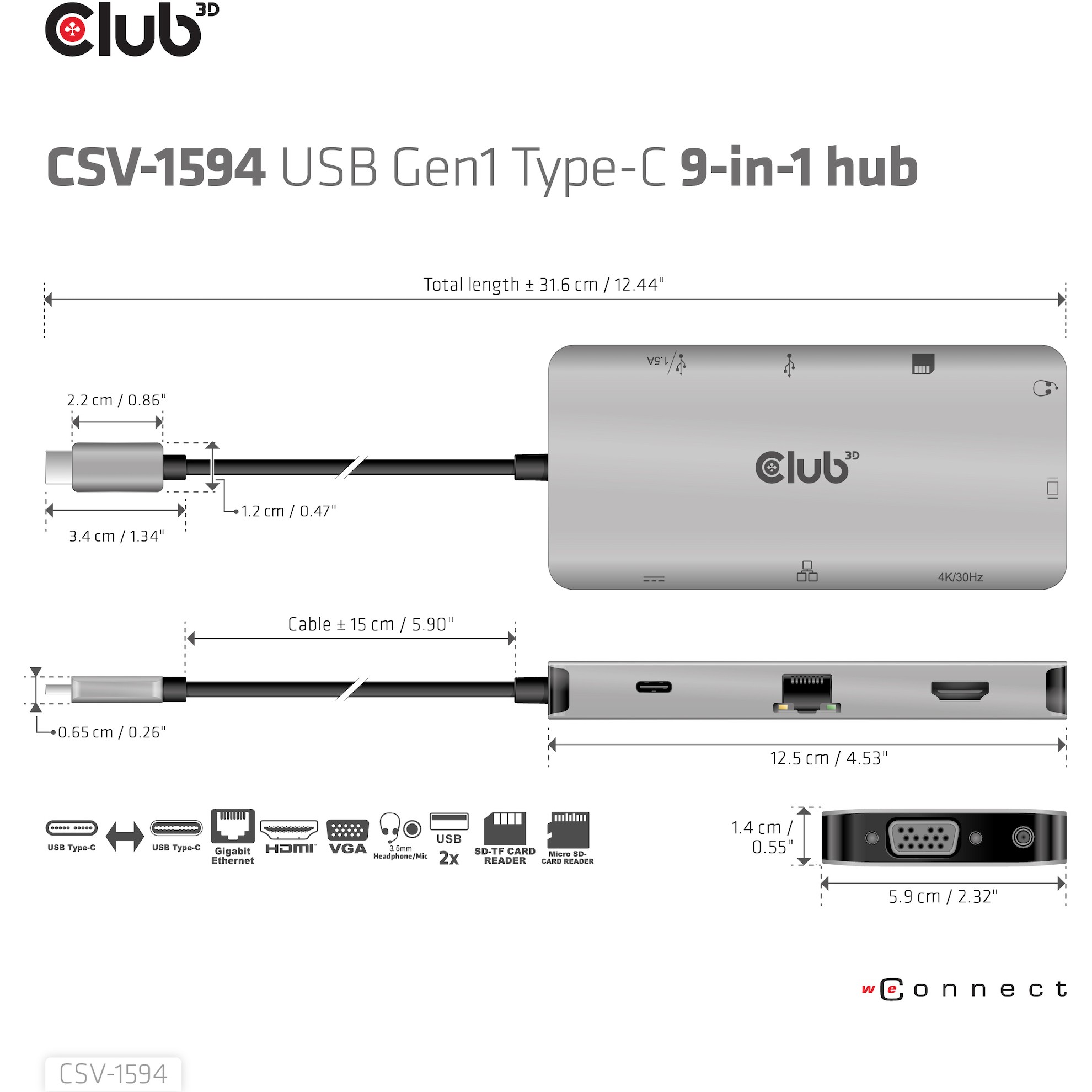 CLUB3D USB Gen1 Type-C 9-in-1 hub with HDMI, VGA, 2x USB Gen1 Type-A, RJ45, SD/Micro SD card slots and USB Gen1 Type-C Female port