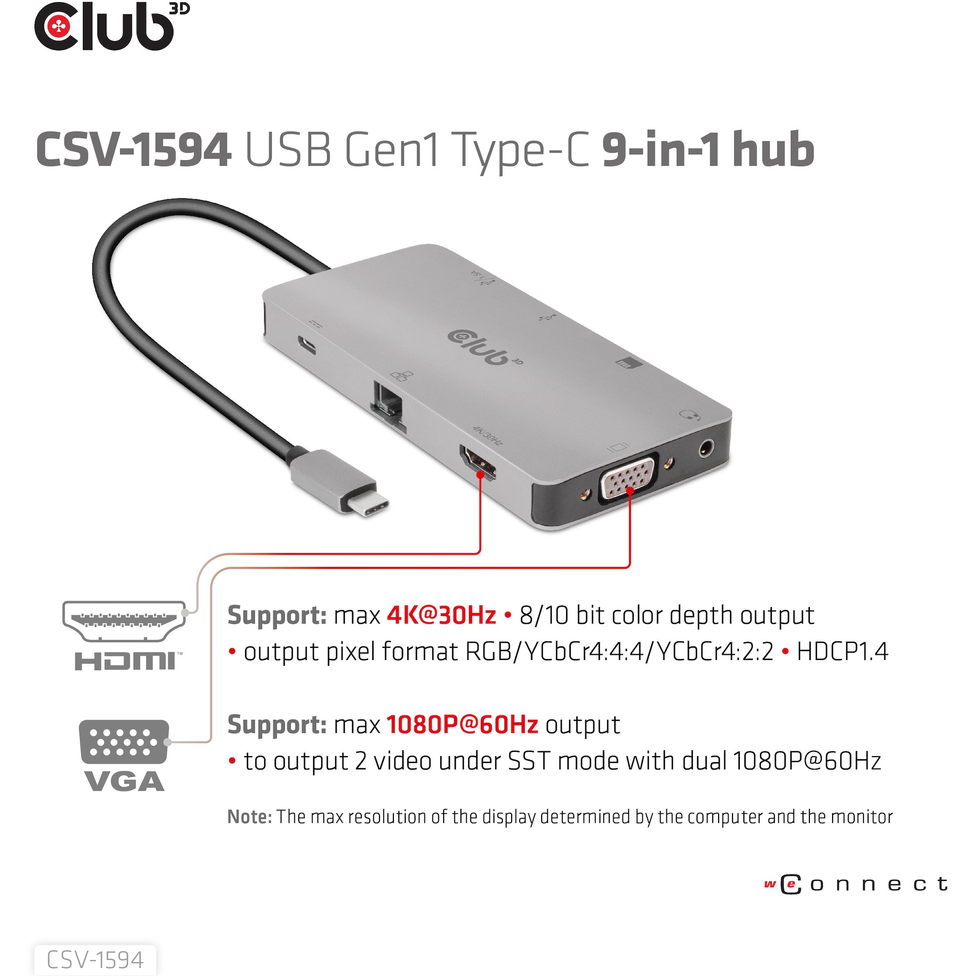 CLUB3D USB Gen1 Type-C 9-in-1 hub with HDMI, VGA, 2x USB Gen1 Type-A, RJ45, SD/Micro SD card slots and USB Gen1 Type-C Female port