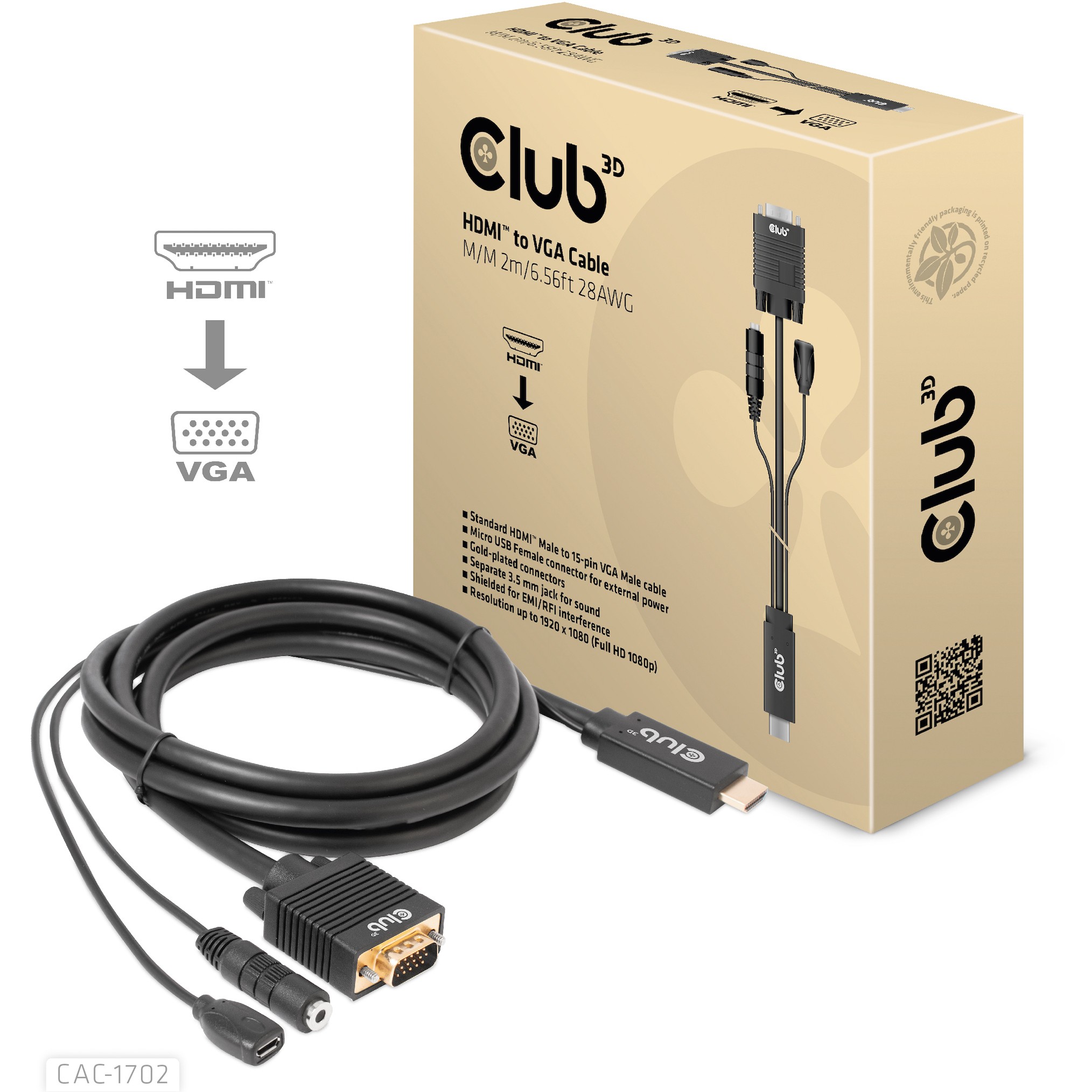 CLUB3D HDMI to VGA Cable M/M 2m/6.56ft 28AWG